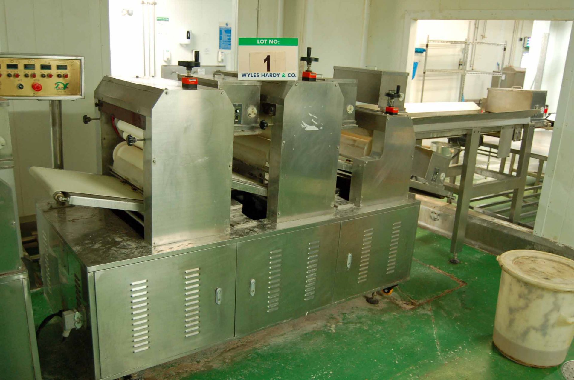 **A WUXI SANS TEC 450mm Wide x 4100mm Overall Length Approx. 3-Stage Dough Sheeter/Roller with Three