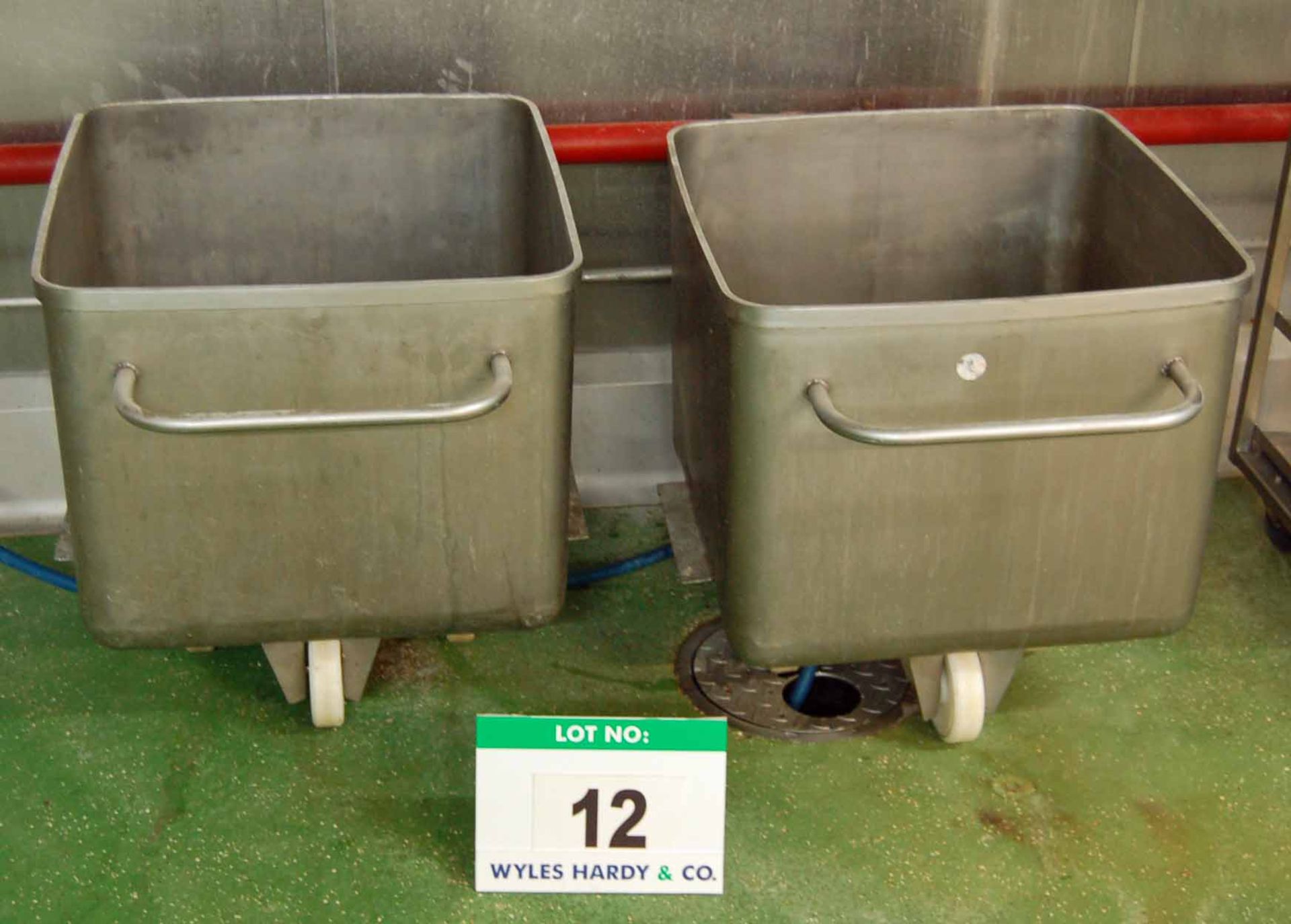 Two Stainless Steel Mobile Tubs / Tote Bins, each Approx. 620mm x 620mm x 540mm Approx. Internal