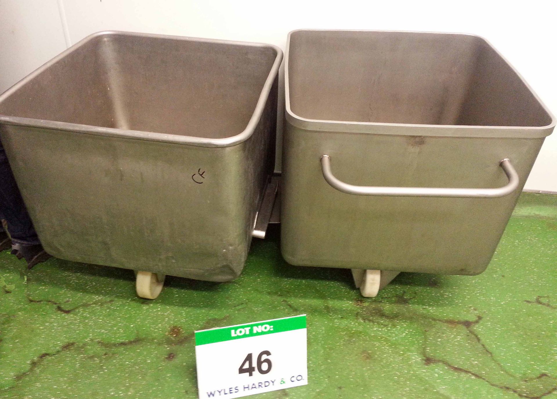 Two Stainless Steel Mobile Tubs / Tote Bins, each Approx. 620mm x 620mm x 540mm Internal capacity