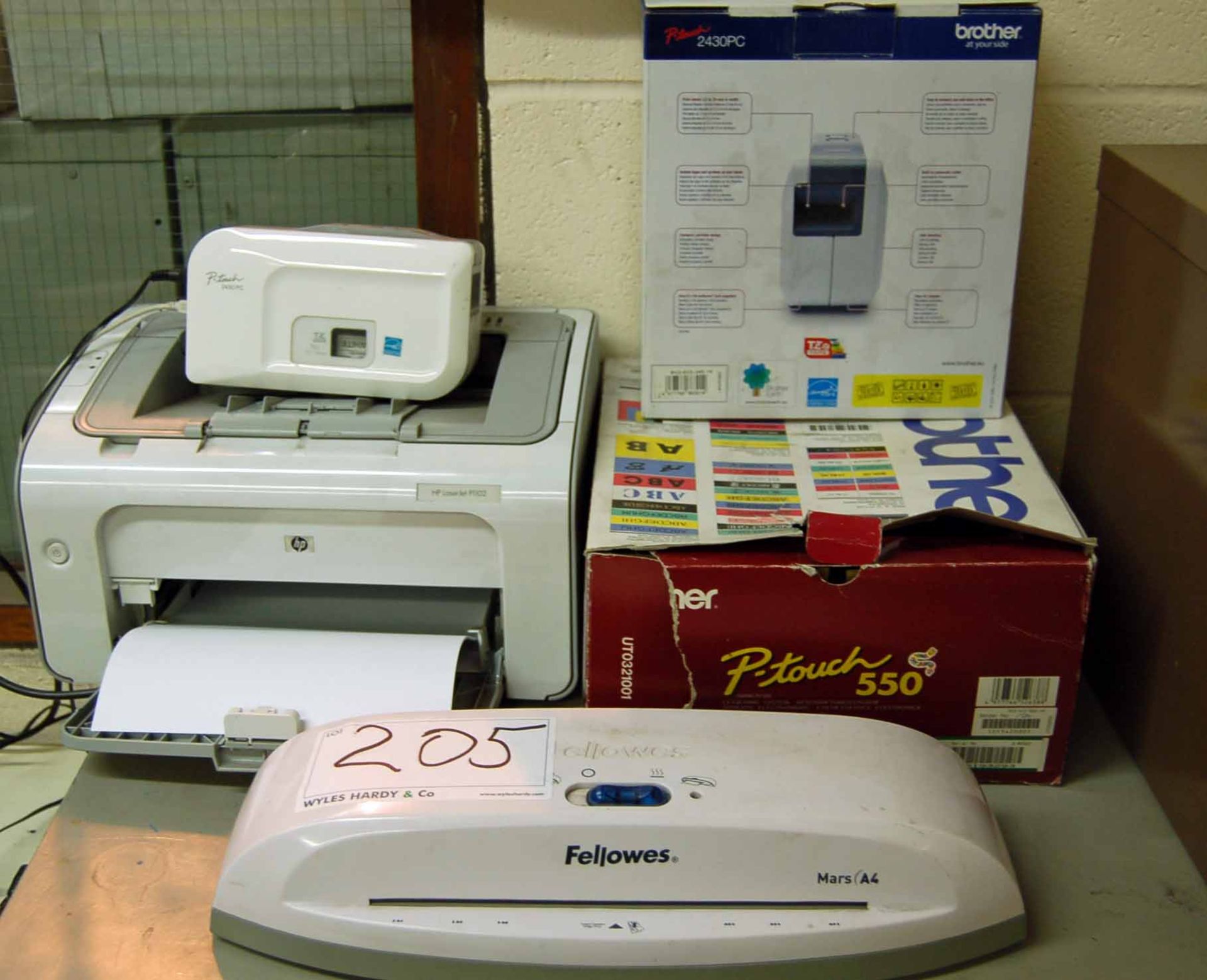 A HP LASERJET P1102 Printer, A FELLOWES A4 Laminator, A BROTHER P-TOUCH 2430 Label Printer and A