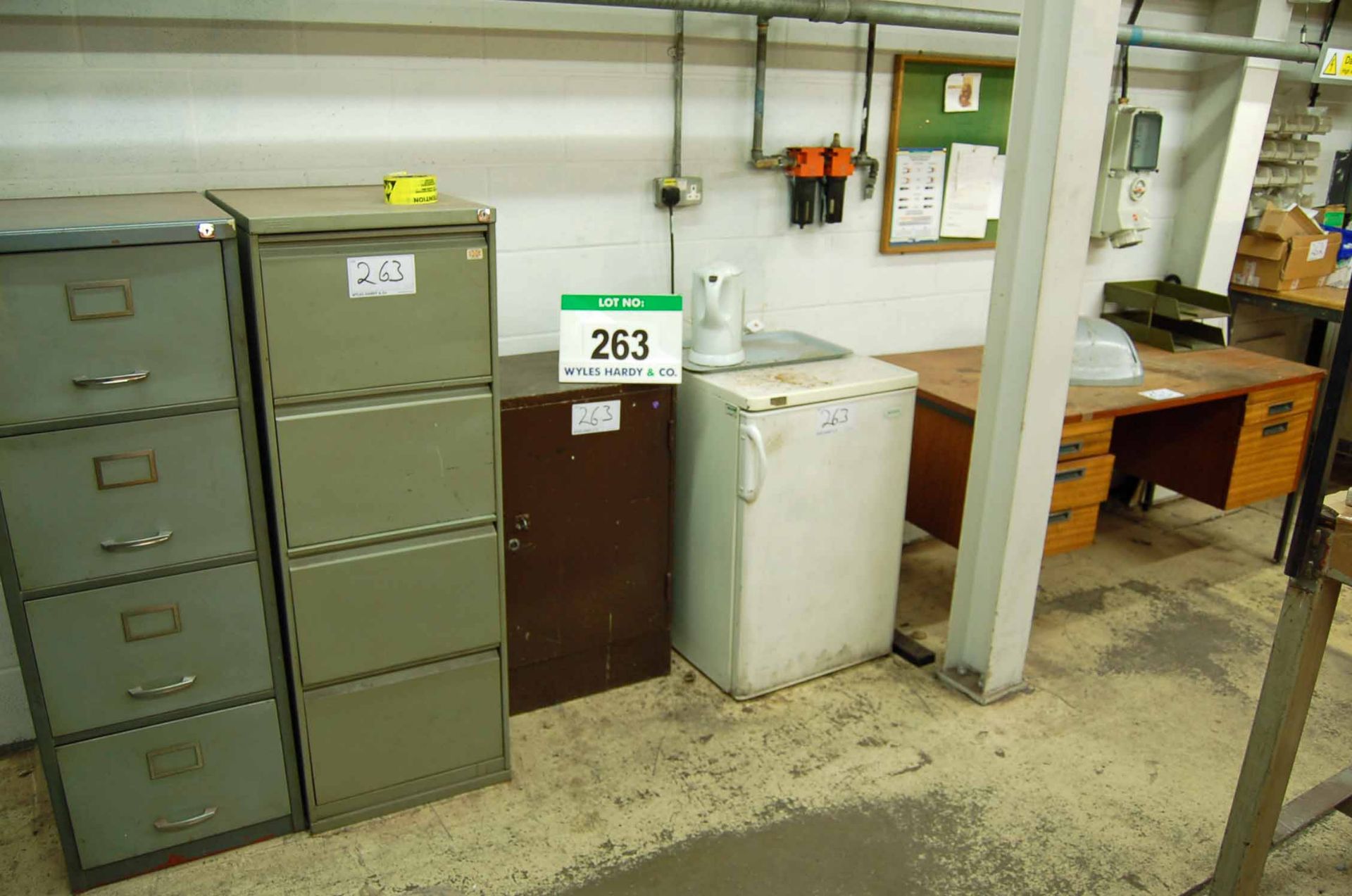 A Quantity of Workshop Furniture Including 2 Four-Drawer Filing Cabinets, Steel Locker, An