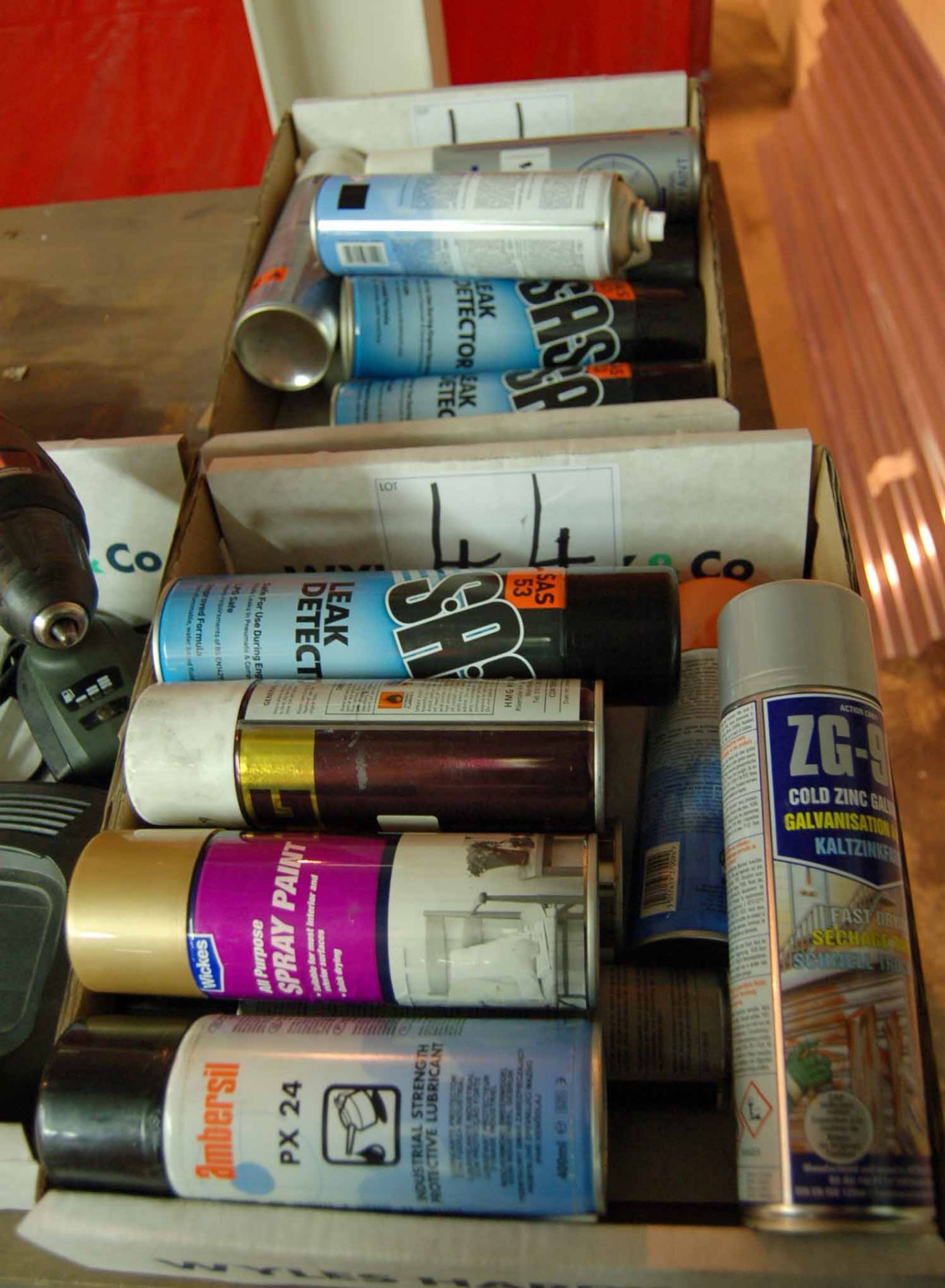 Two Boxes of Aerosols Including Paint, Leak Detector Primer (As Photographed)