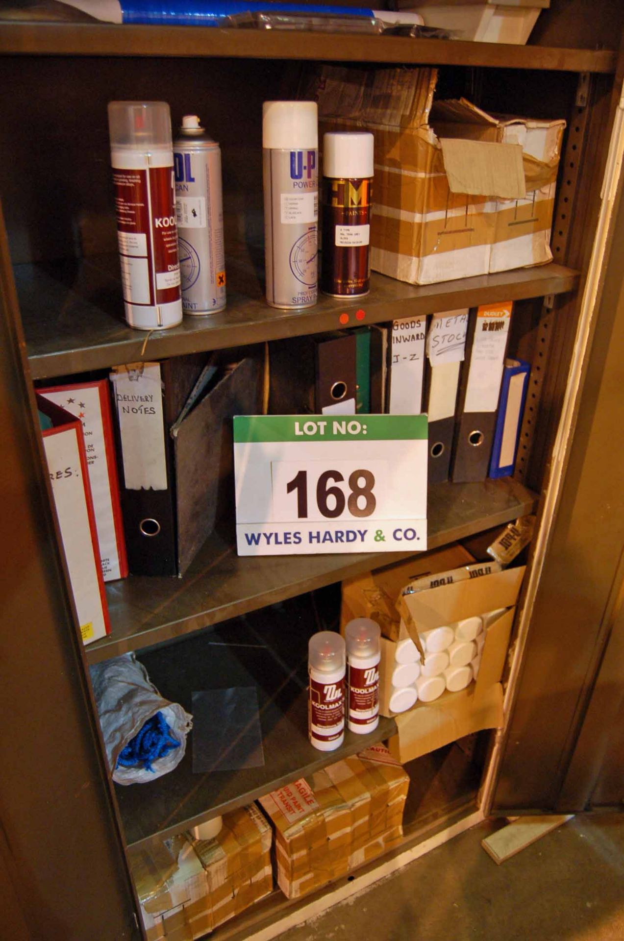 A Two-Door Steel Cabinet Including Contents of Paint Consumables (As Photographed)