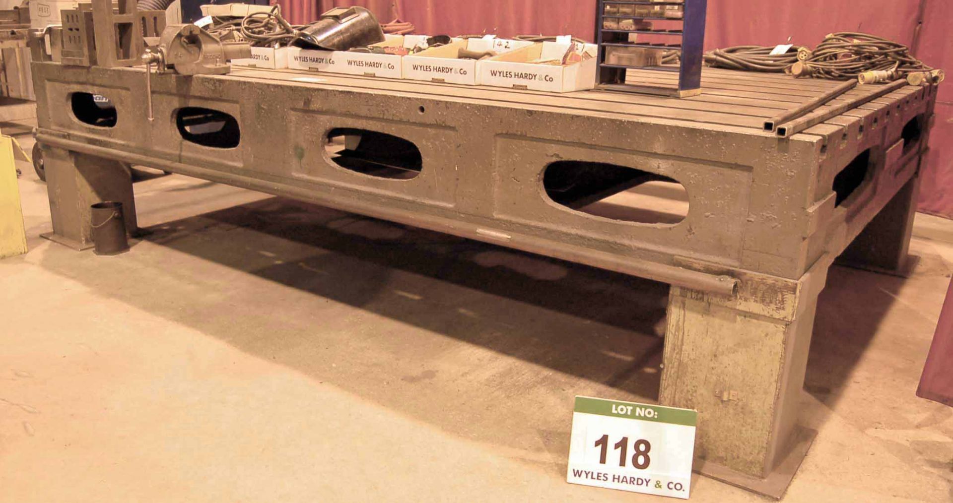 A 96 inch x 140 inch Steel T-Slotted Welding Table with A RECORD 34 6 inch Vice (A Method