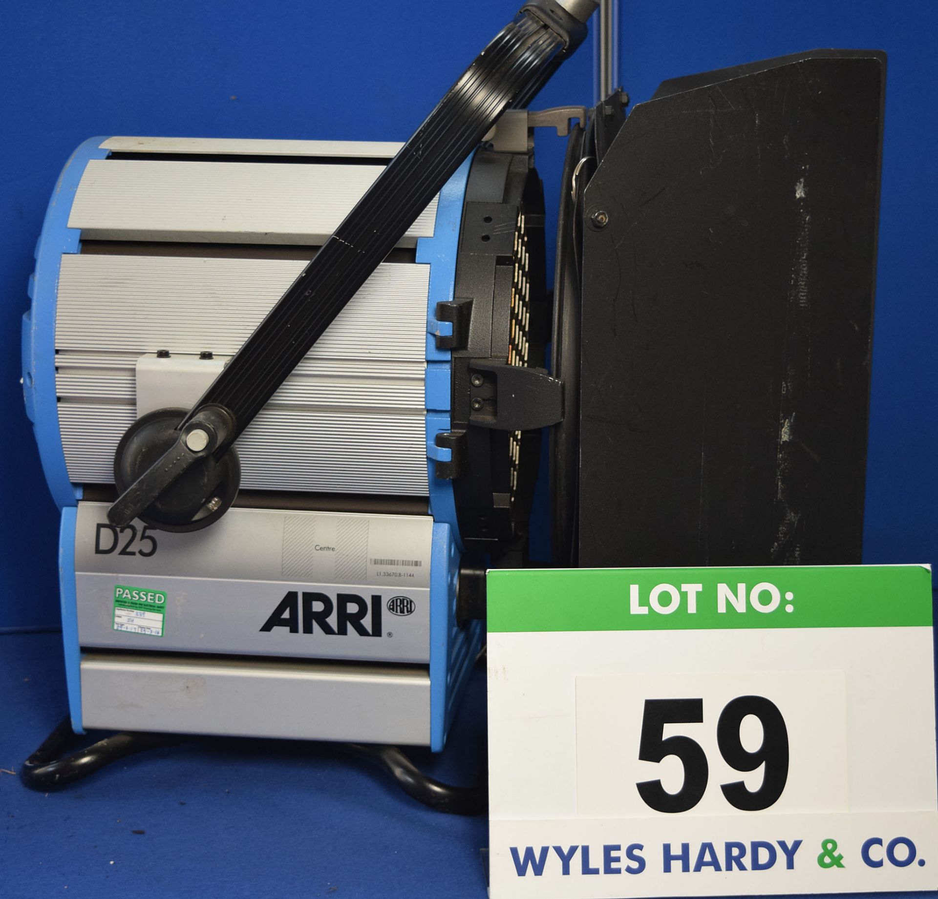 An ARRI D25 2500W Light with fitted Barn Doors and Stirrup Mount. Recorded Hours: 191 hours