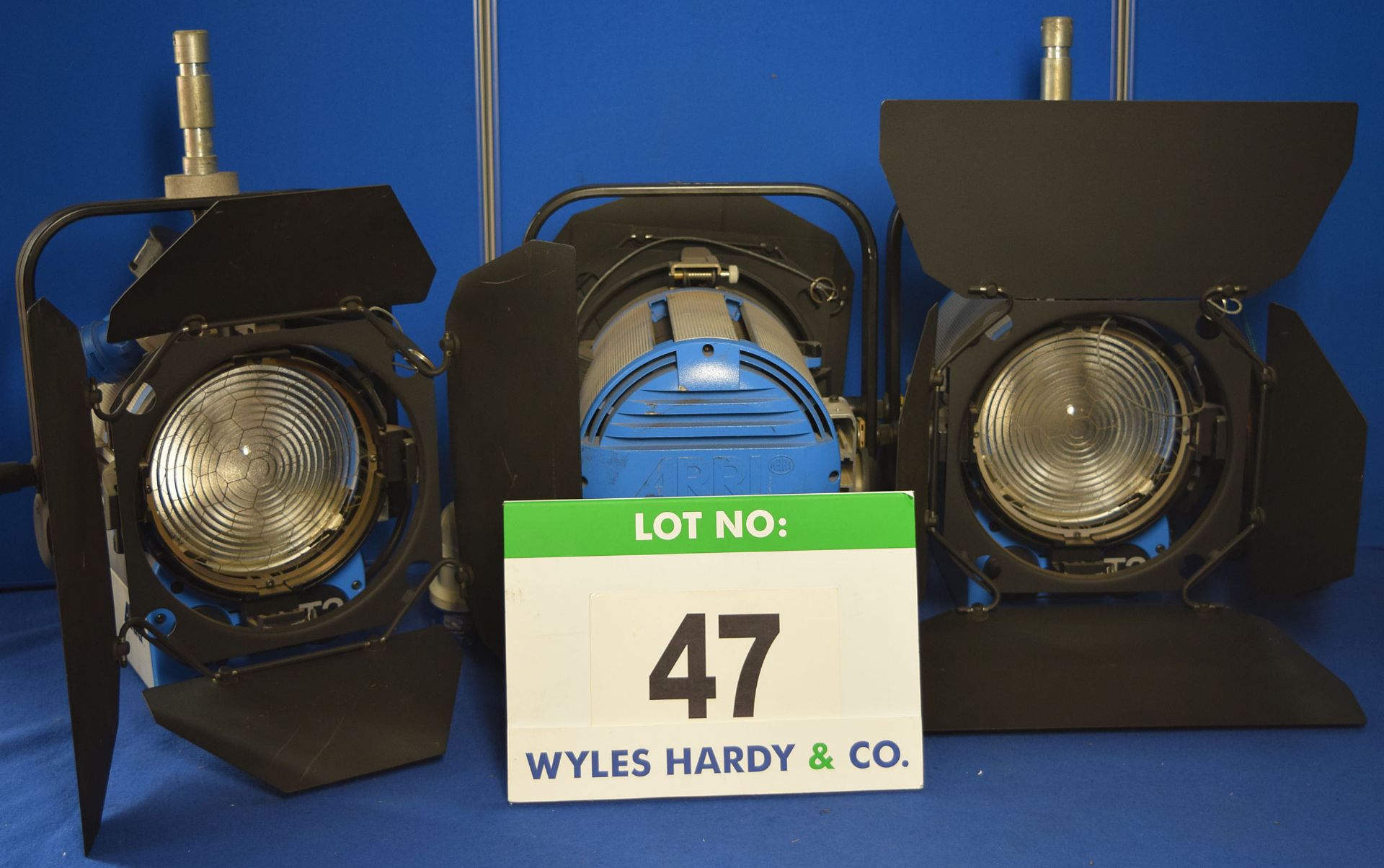 Three ARRI T2 2000W Lights each with fitted Barn Doors and Stirrup Mount