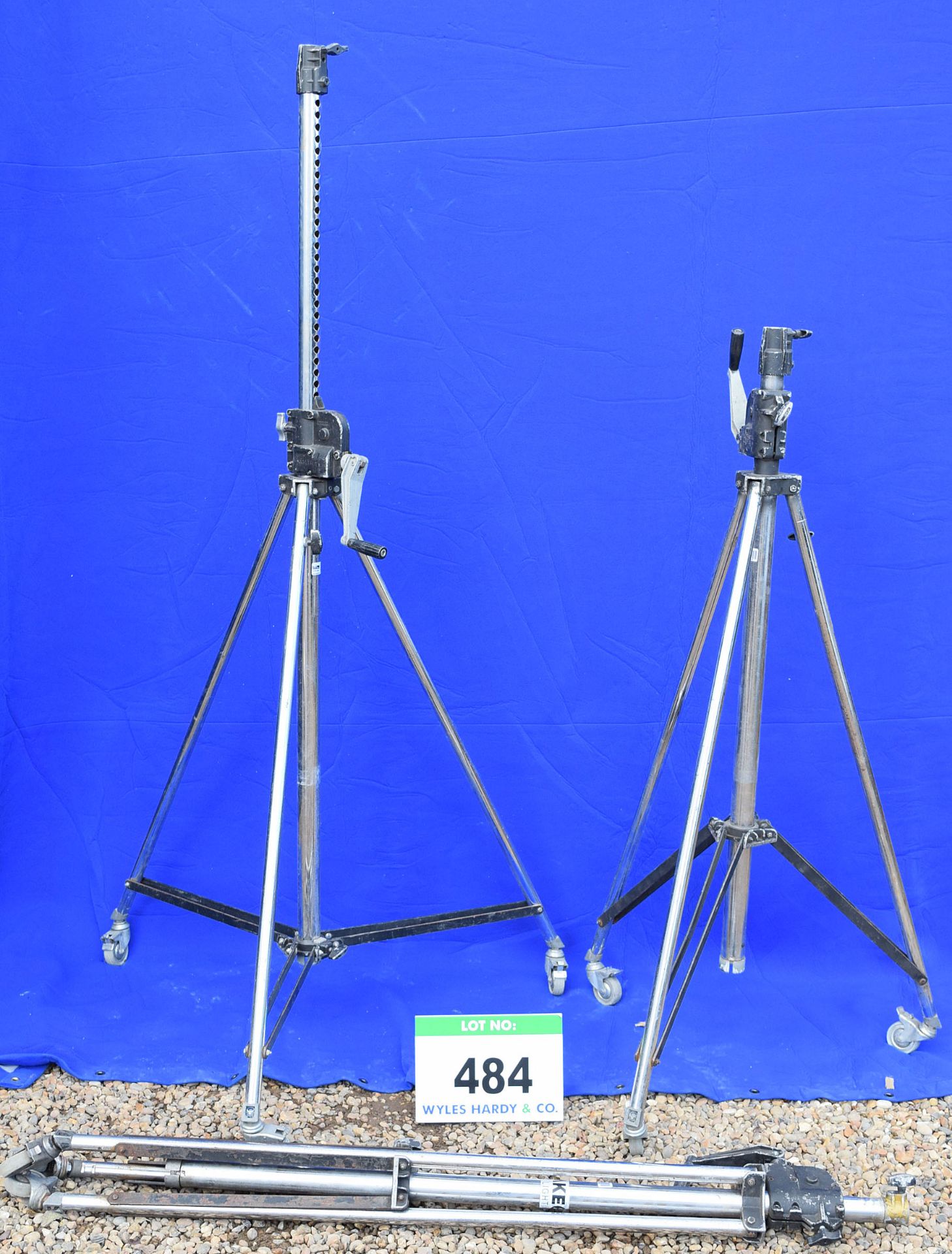 Three Folding Single Section Telescopic Stands on Solid Rubber Castors - 2.5M/30Kg