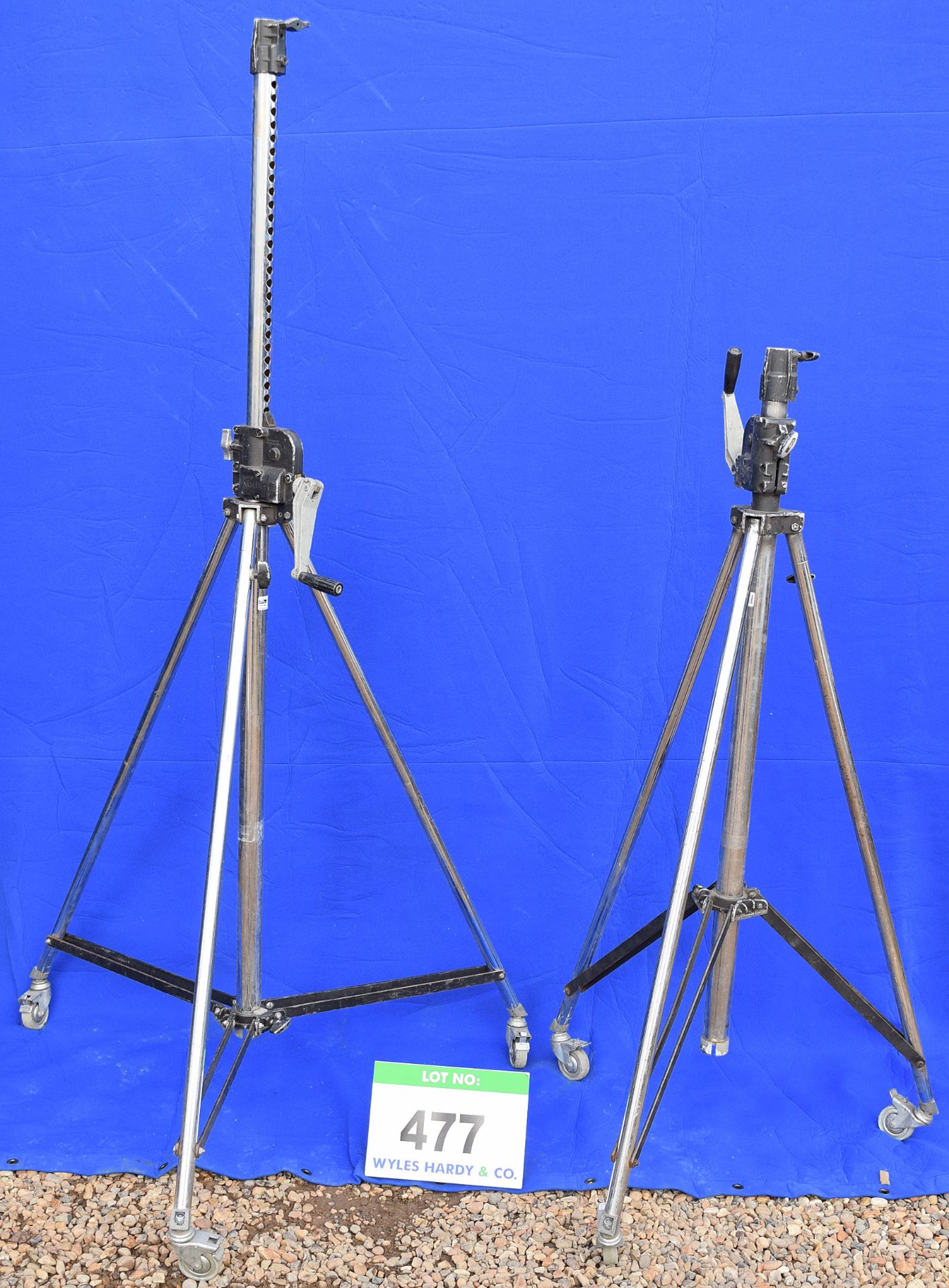 Two Folding Single Section Telescopic Stands on Solid Rubber Castors - 2.5M/30Kg