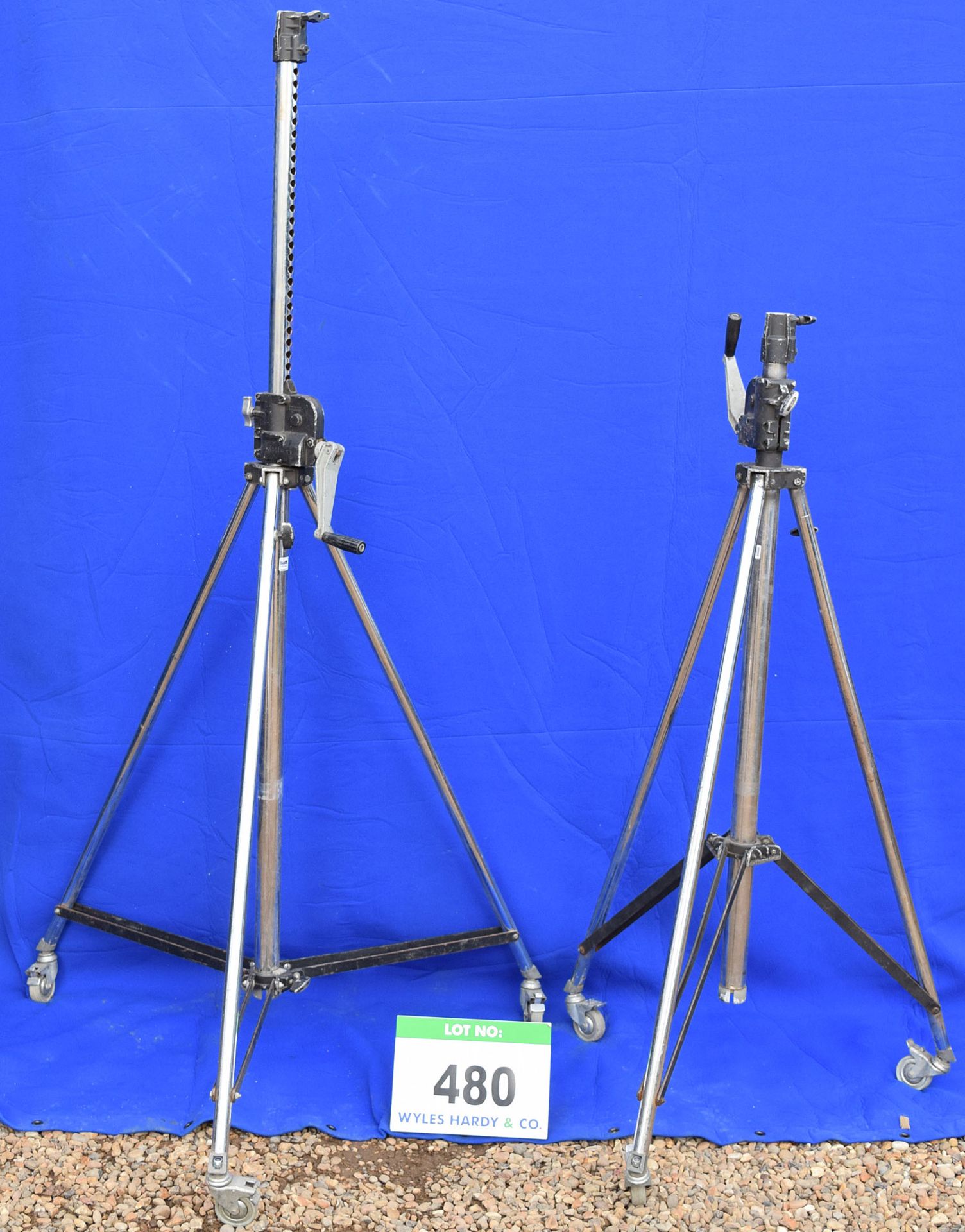 Two Folding Single Section Telescopic Stands on Solid Rubber Castors - 2.5M/30Kg