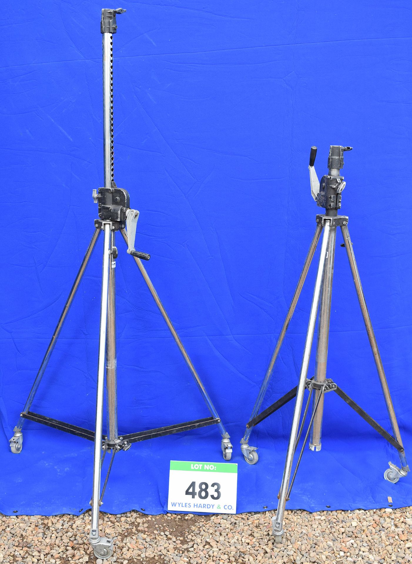 Two Folding Single Section Telescopic Stands on Solid Rubber Castors - 2.5M/30Kg