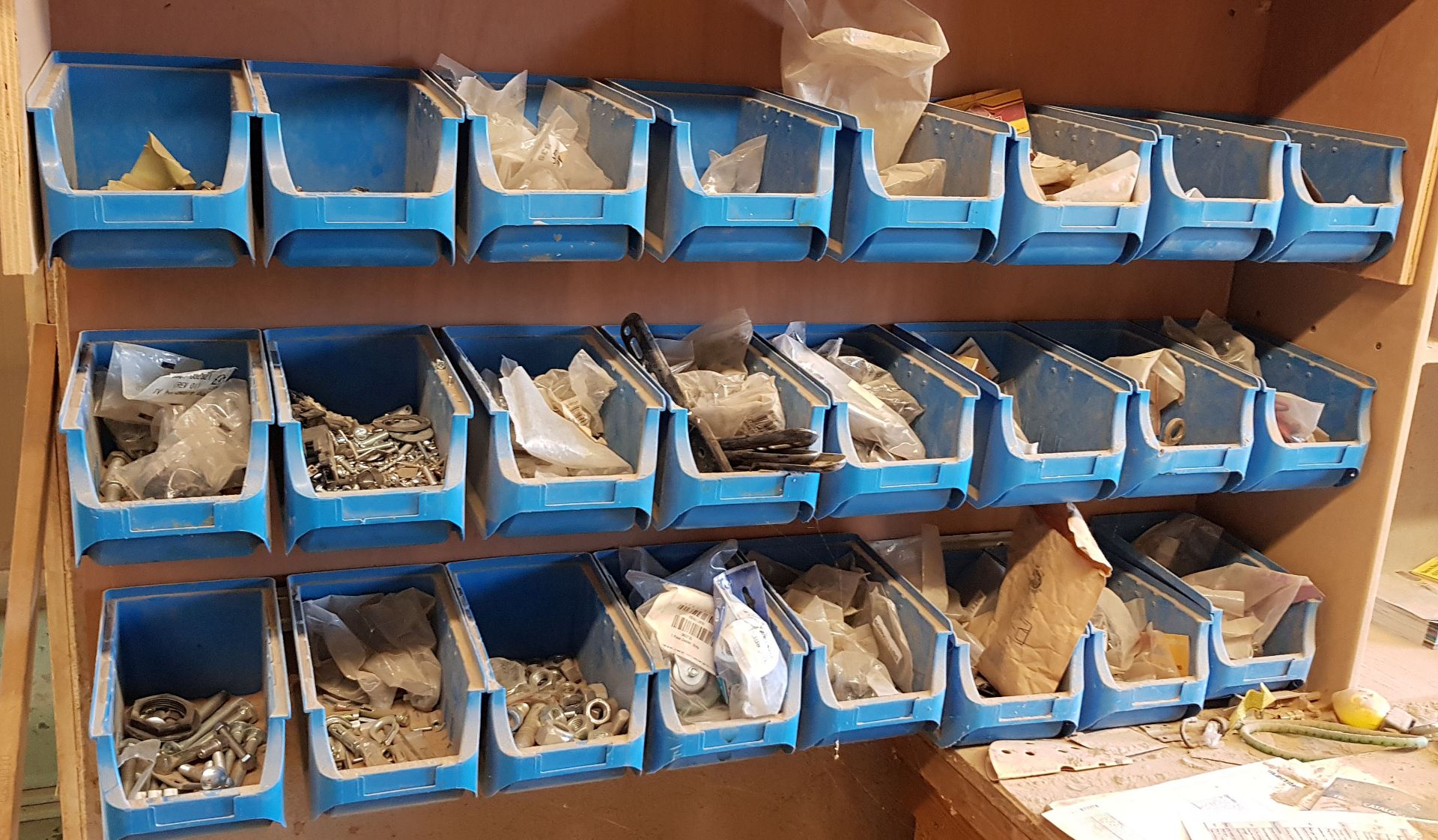 Twenty Four Blue Plastic LINBINS with Contents including Coach Bolts, Bolts, Nuts and Fittings, etc.