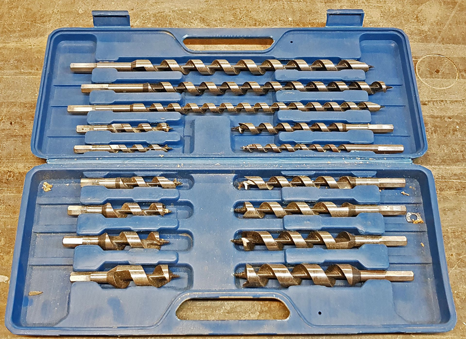 A Set of Fifteen Various Deep Hole Wood Drill Bits in Carry Case