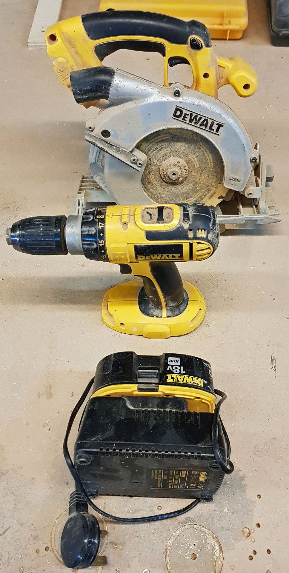 A DEWALT DC390 18V Cordless Circular Saw, A DEWALT DC725 18V Cordless Driver/Drill, A DEWALT DE9116