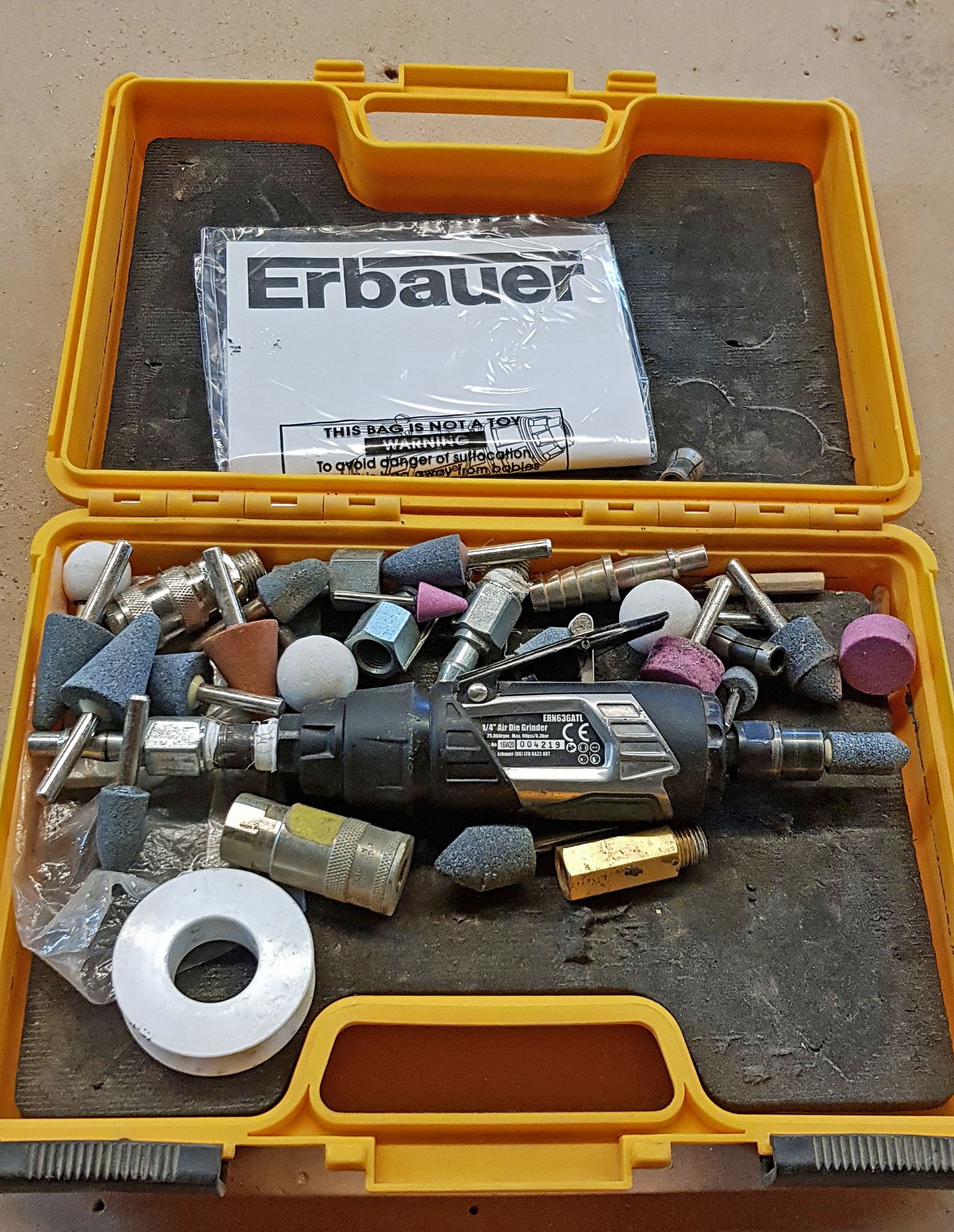 An ERBAUER ERN636ATL Pneumatic Quarter inch Die Grinder in Plastic Carry Case