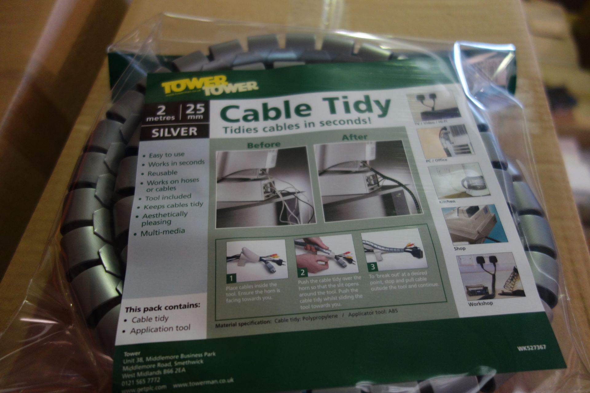 60 X Tower WK527367 2M 25MM Cable Tidy Silver