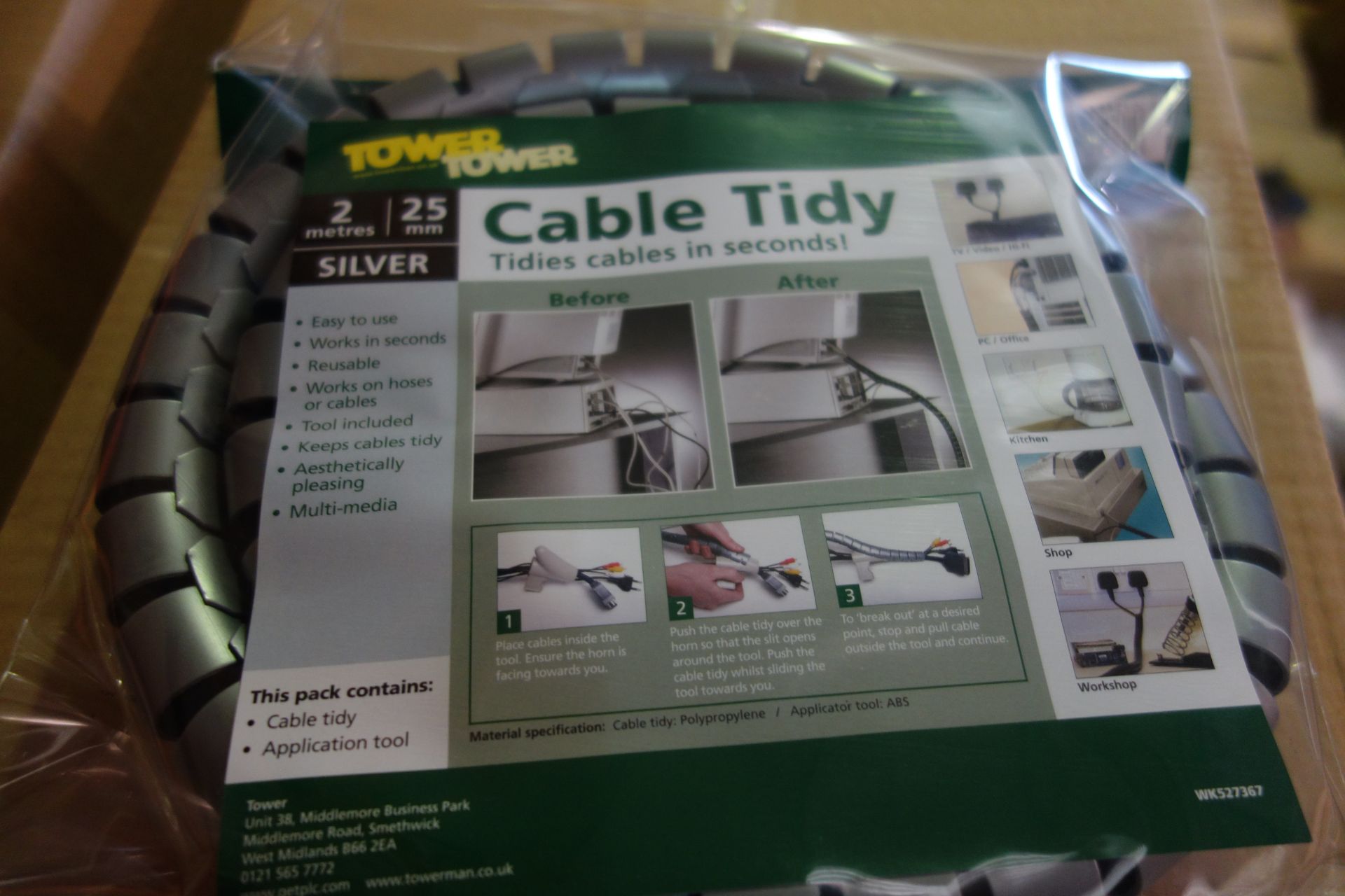 60 X Tower WK527367 2M 25MM Cable Tidy Silver