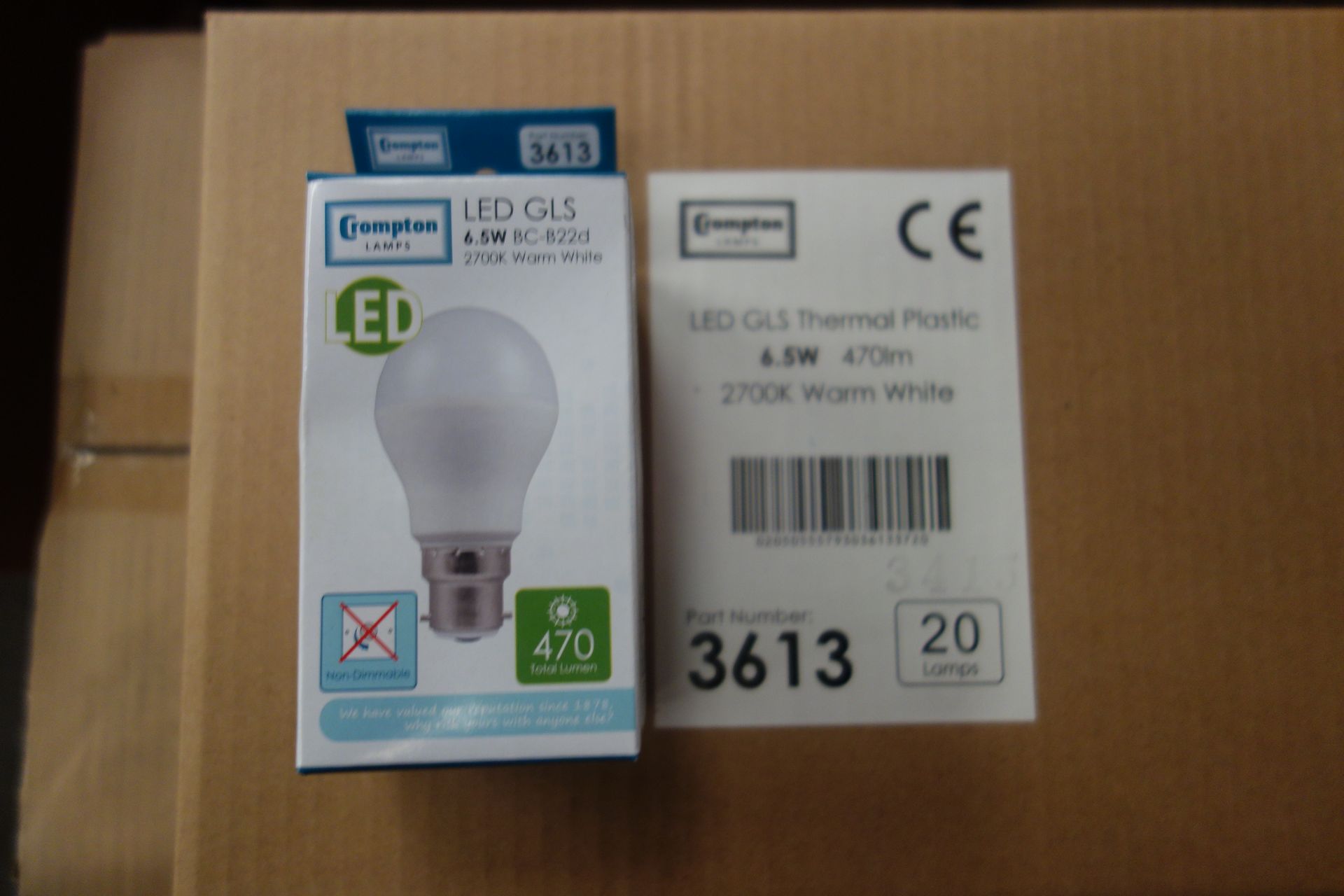 60 X Crompton 3613 LED GLS Thermal Plastic 6.5W Lamps BC-B22D 2700K Warm White