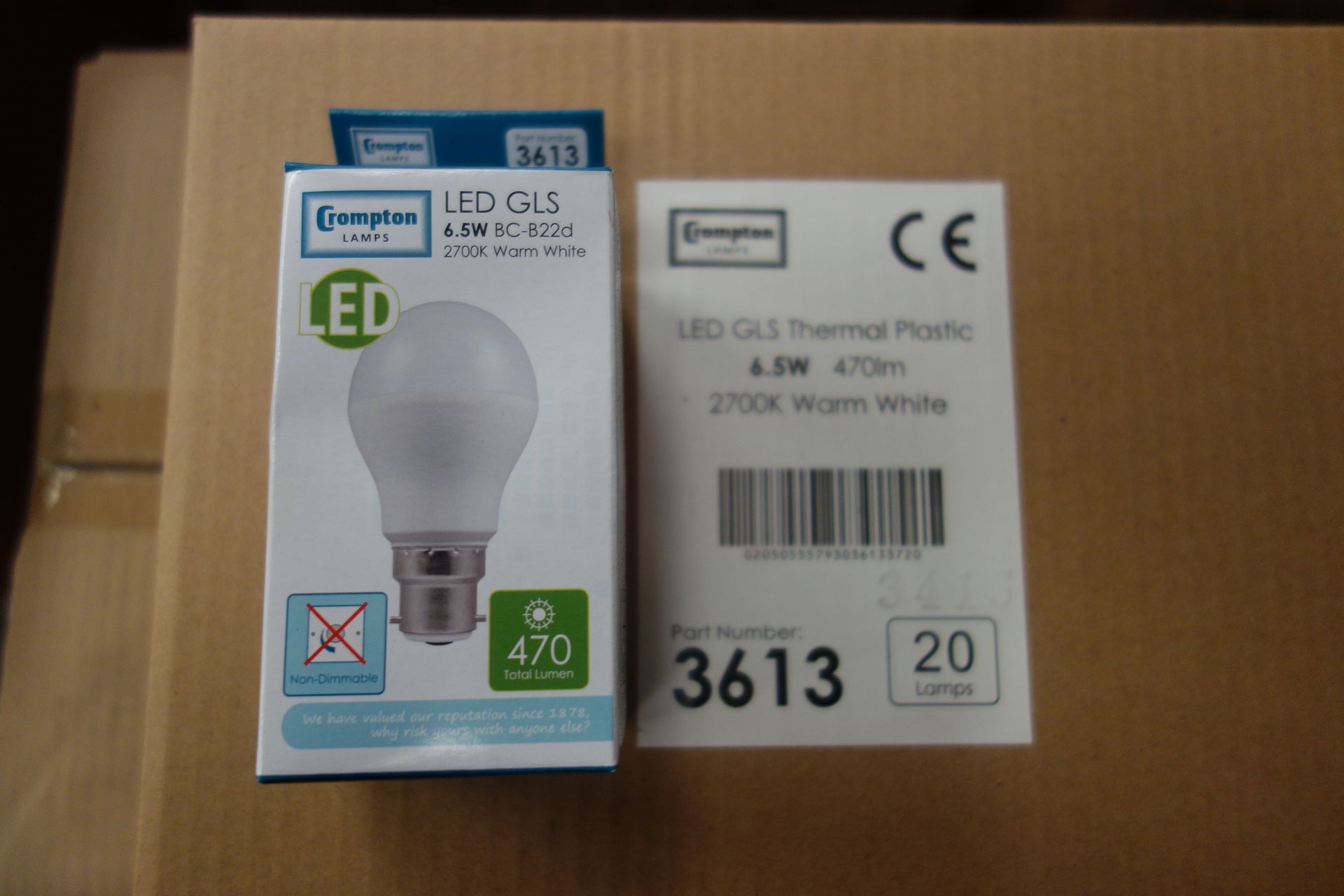 60 X Crompton 3613 LED GLS Thermal Plastic 6.5W Lamps BC-B22D 2700K Warm White