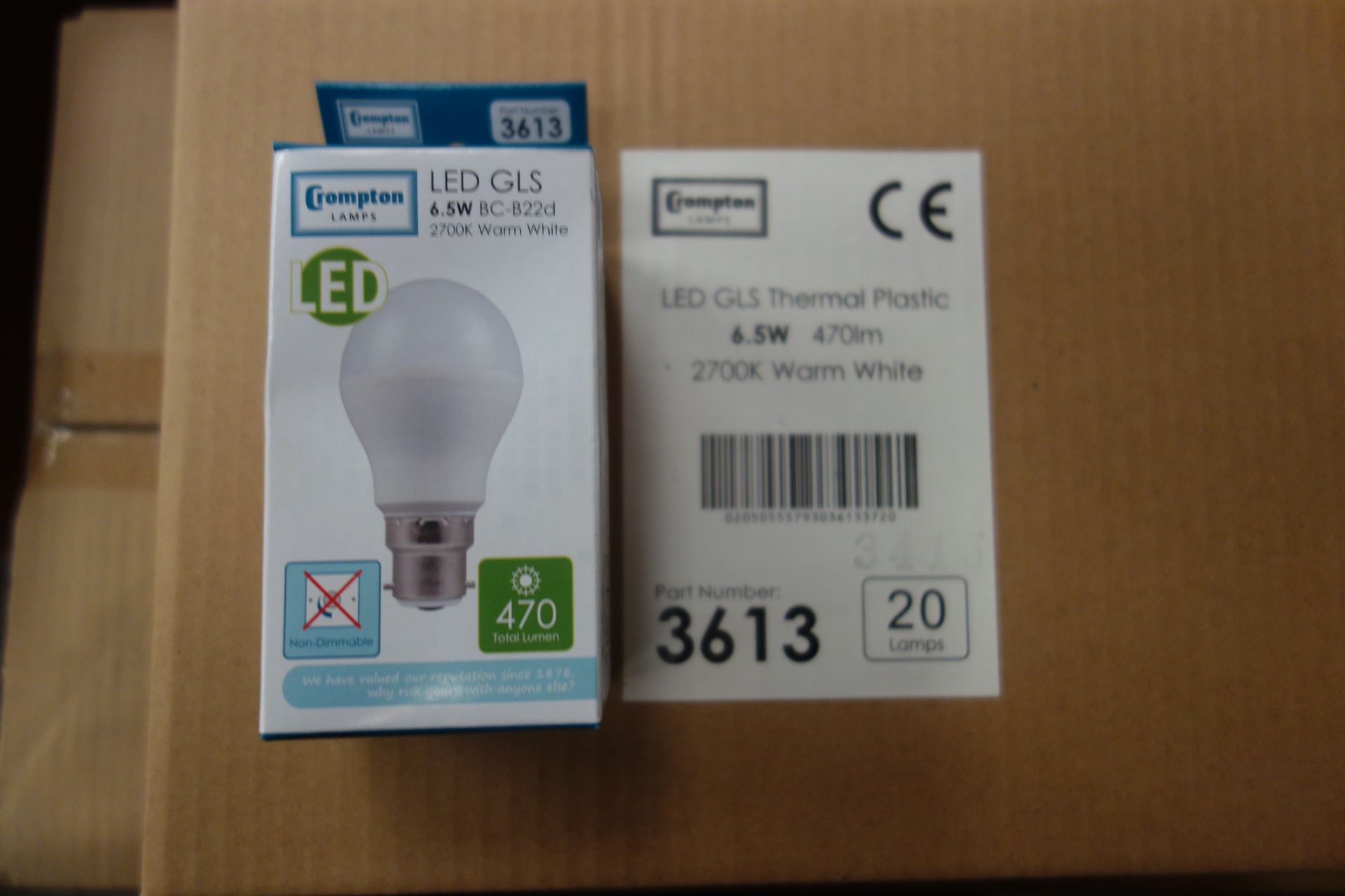 60 X Crompton 3613 LED GLS Thermal Plastic 6.5W Lamps BC-B22D 2700K Warm White