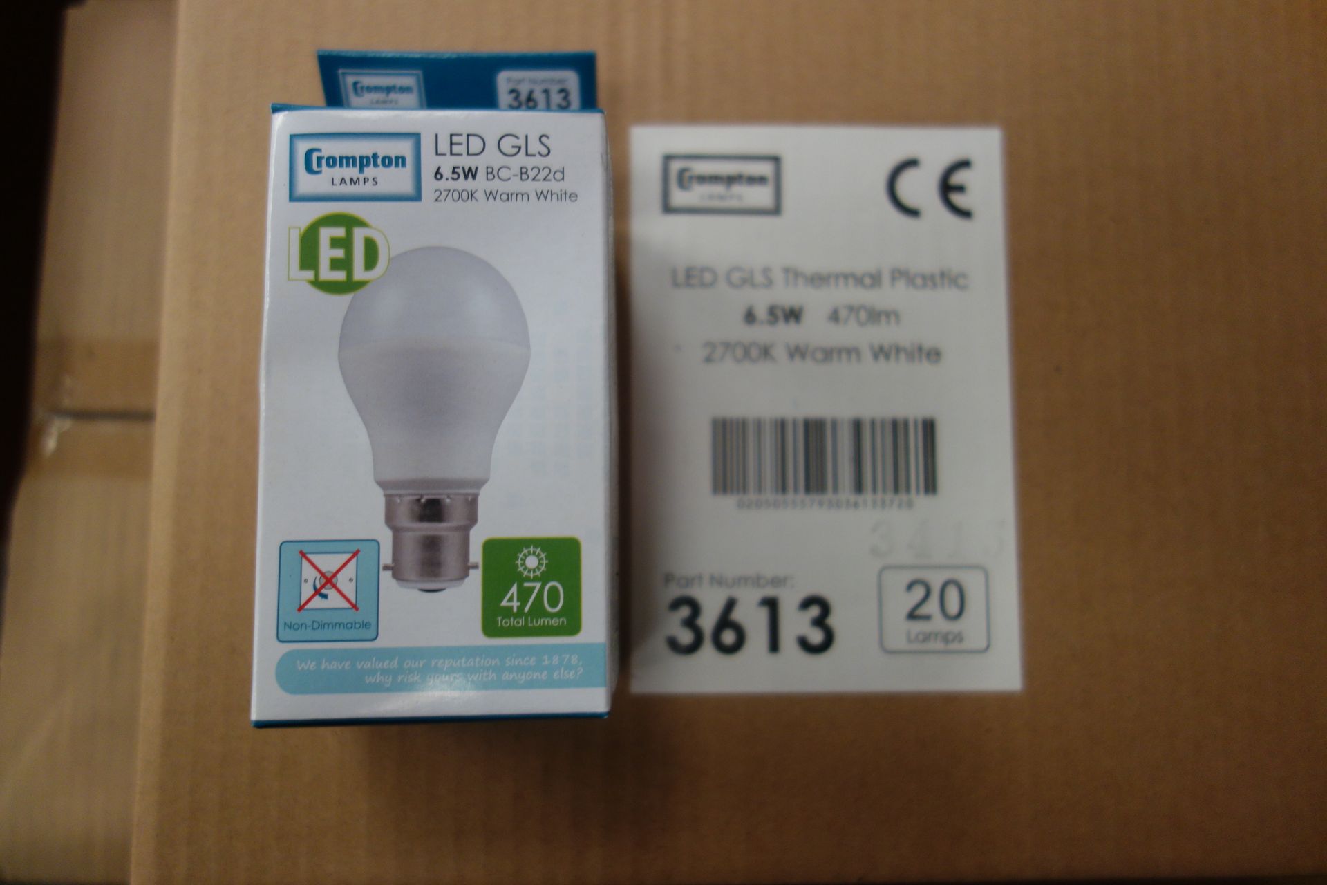 60 X Crompton 3613 LED GLS Thermal Plastic 6.5W Lamps BC-B22D 2700K Warm White