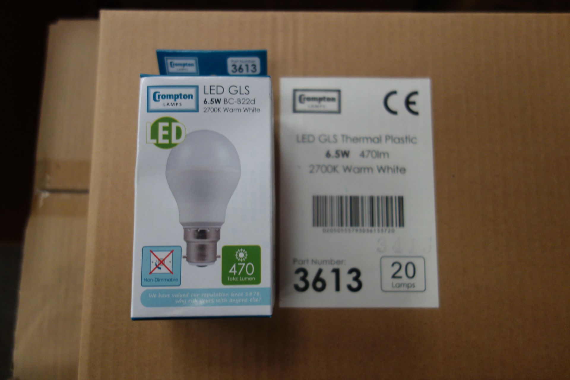 60 X Crompton 3613 LED GLS Thermal Plastic 6.5W Lamps BC-B22D 2700K Warm White