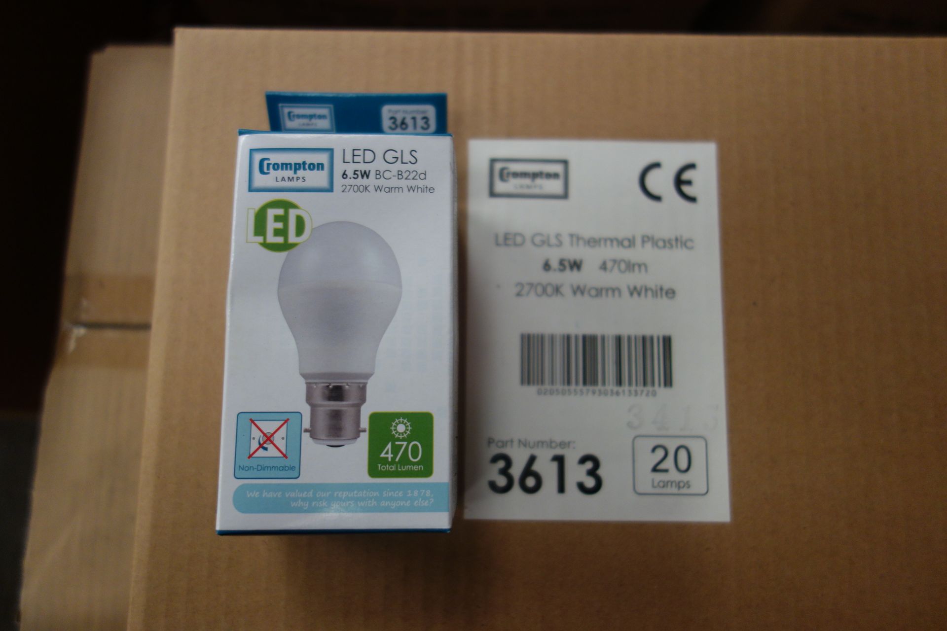 60 X Crompton 3613 LED GLS Thermal Plastic 6.5W Lamps BC-B22D 2700K Warm White