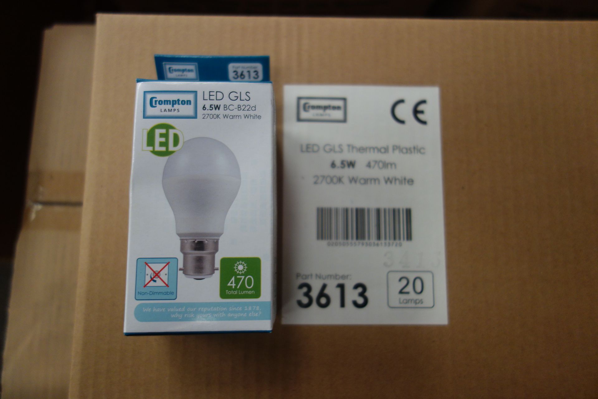 60 X Crompton 3613 LED GLS Thermal Plastic 6.5W Lamps BC-B22D 2700K Warm White