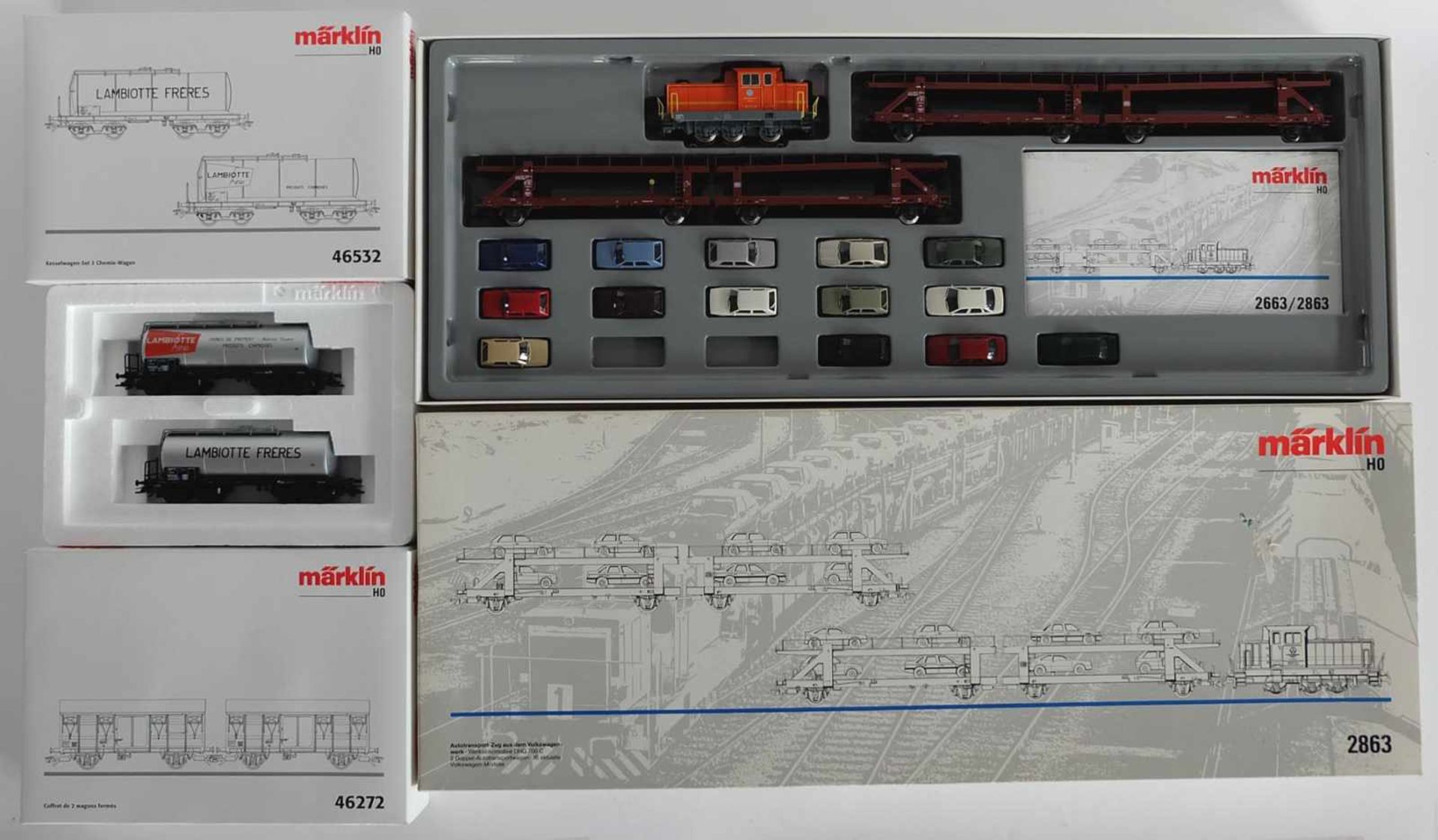 WAGENSETS, Konvolut v. 3, Herst. Märklin/Göppingen, Spur H0, bestehend: Autotransport-Zug aus dem