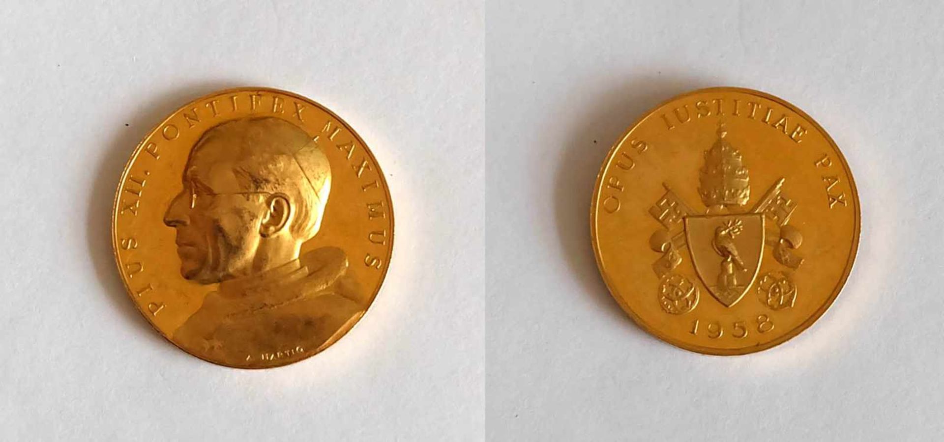 VATIKAN, Pius XII., 1958, Medaille, Entwurf A. Hartig, 35g 900er-Gold, Dm 35,7 mm