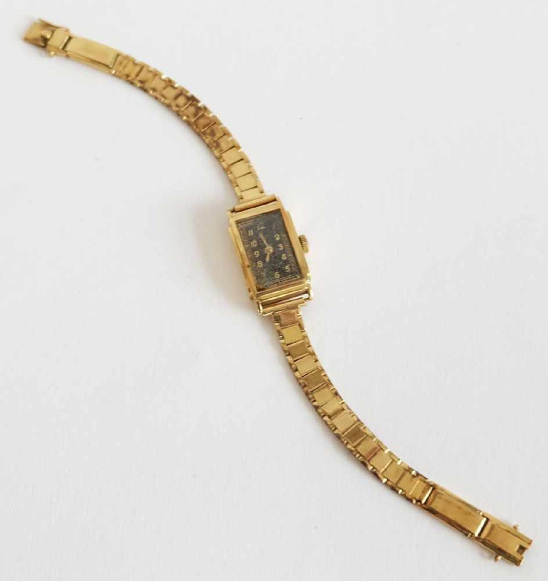 DAU, 1930er-Jahre, 585er-Gelbgold-Gehäuse und -armband, hochrechteckige Form, arabische Indices,