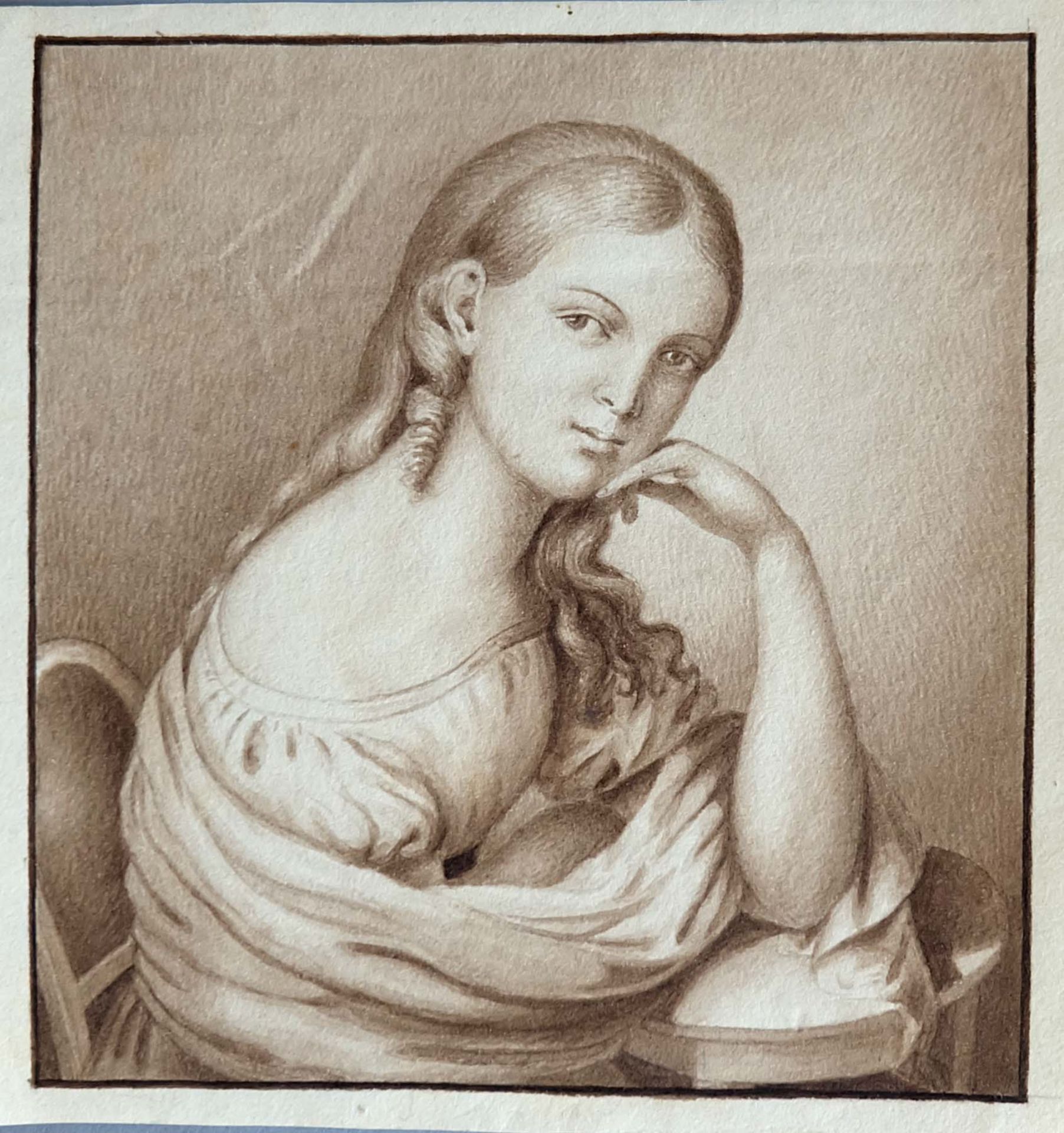 PORTRAITMINIATUR, Biedermeier-Epoche, Sepia/ Papier, Halbportrait einer jungen Frau mit Nadelkissen,