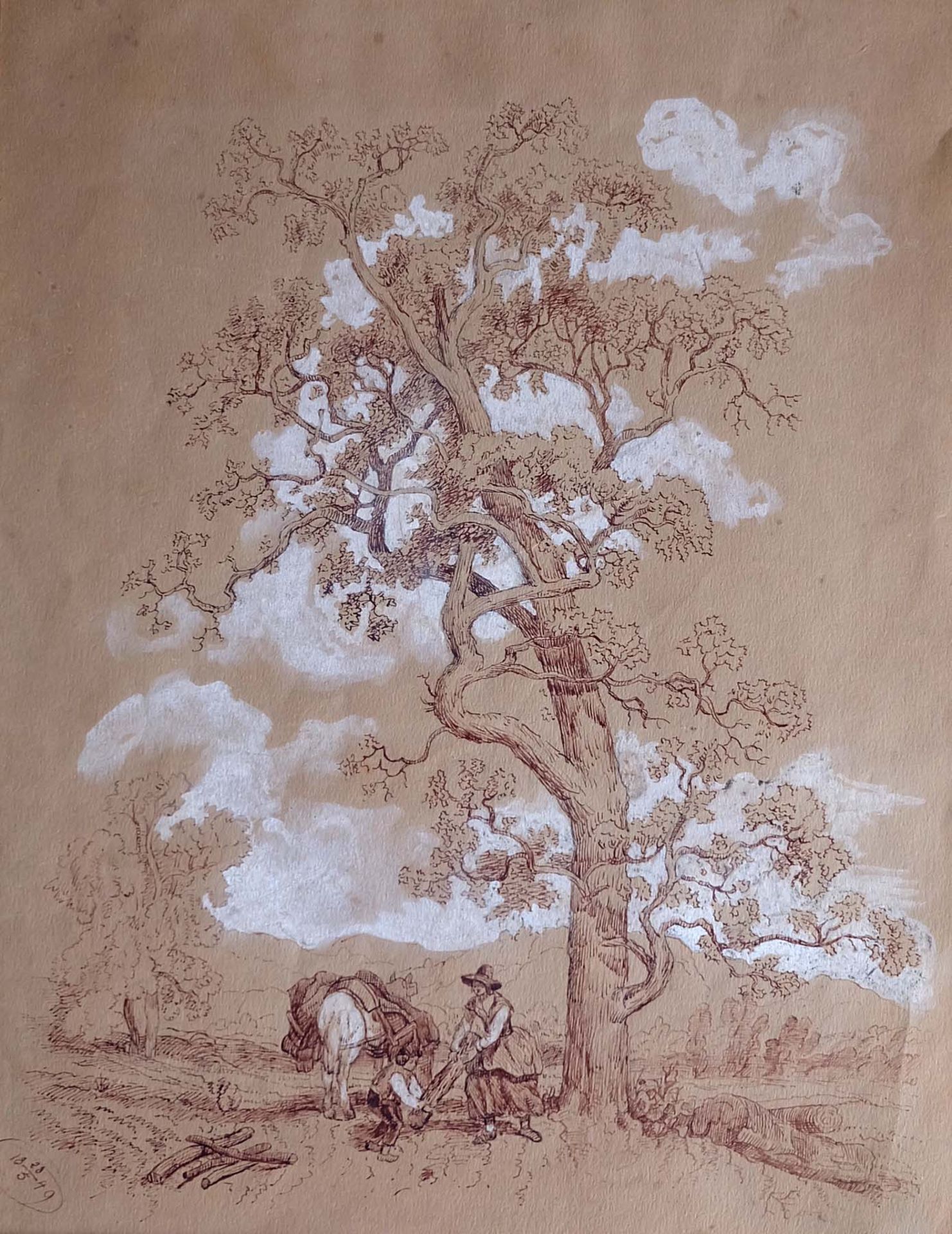 ANONYMUS, 19.Jh., lavierte Federzeichnung/ Papier, Holzsammler an der alten Eiche, unten links
