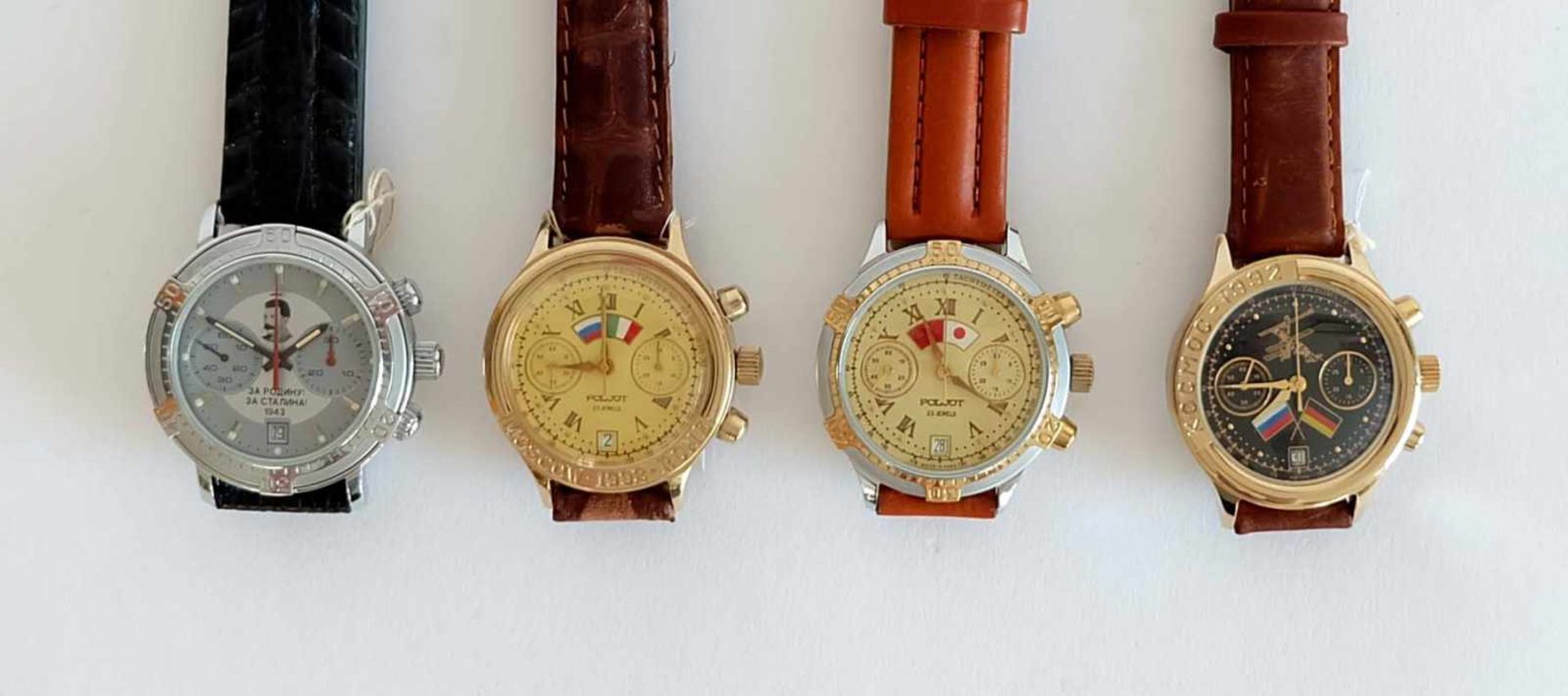 HAU, Konvolut von 4, Herst. Erste Moskauer Uhrenfabrik, Marke Poljot, Handaufzug, Chronograph, je 23
