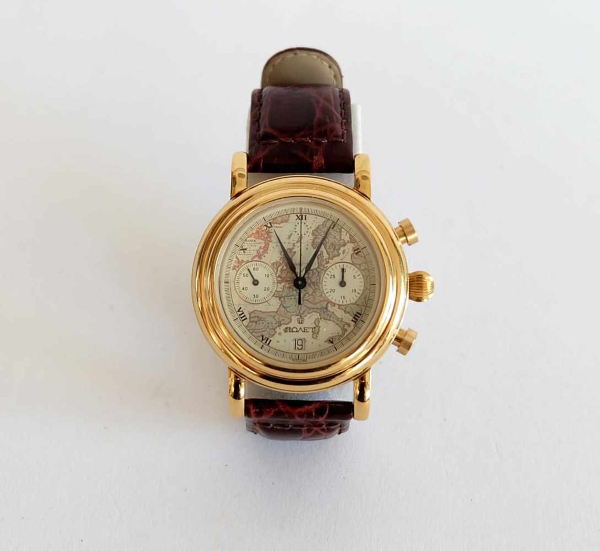 HAU, Chronograph, Erste Moskauer Uhrenfabrik, Marke Poljot, römische Indices, dezentrale Sekunde,