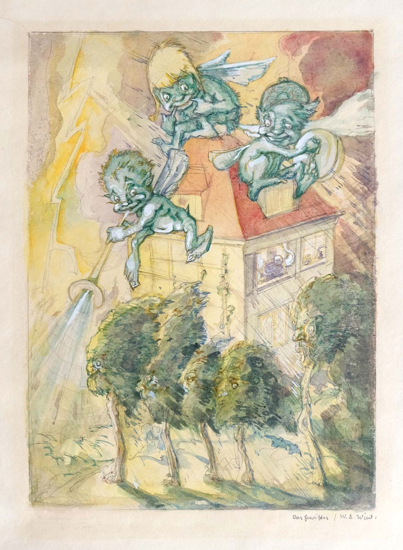 DEUTSCHE SCHULE, 1930er-Jahre, Aquarell über Bleistift/ Papier, "Das Gewitter", Trolle auf dem Dach,