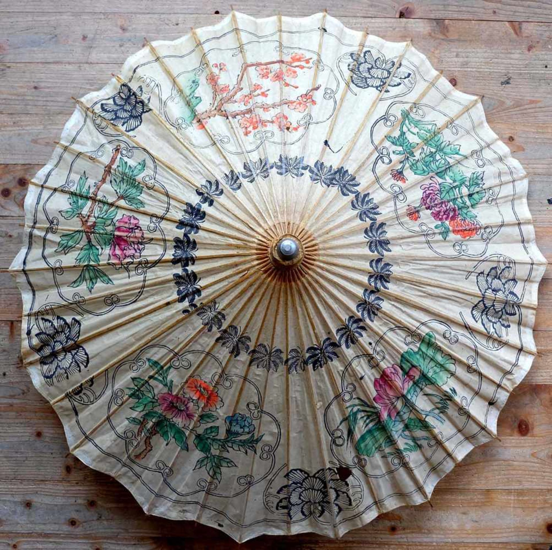 DEKOSCHIRM, China, Papier/ Bambus, colorierter Schablonendekor, ca. Dm 90 cm, min. besch.,