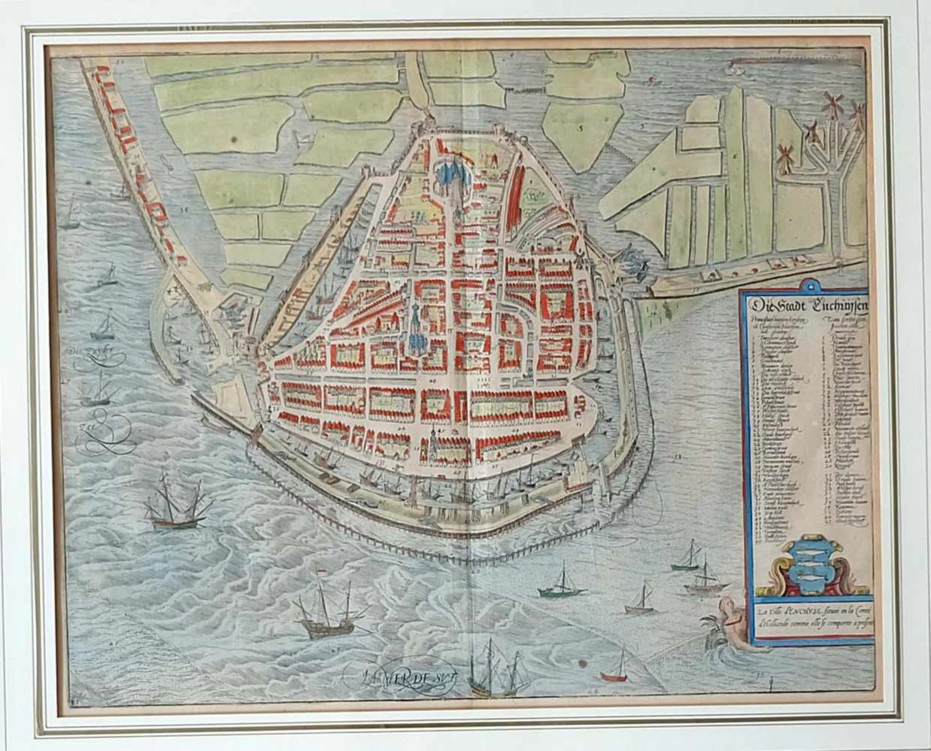 ENKHUIZEN, Kupferstich, altcoloriert, Braun/Hogenberg/ Köln, 16.Jh., Die Stadt Enchuyisen, 34 x 42,7