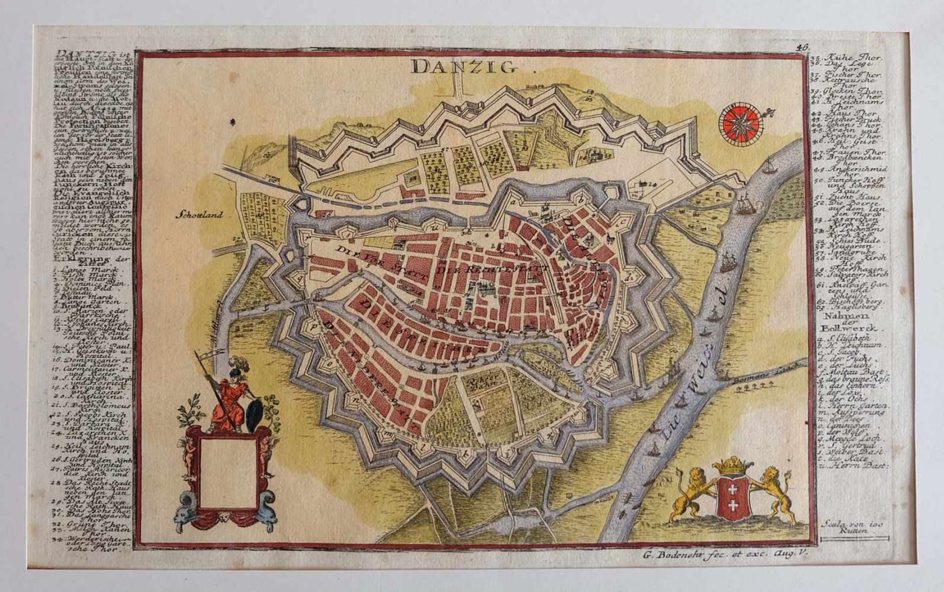 DANZIG, Kupferstichkarte, altcoloriert, Stadtplan aus der Vogelschau, Hrsg. Gabriel Bodenehr/