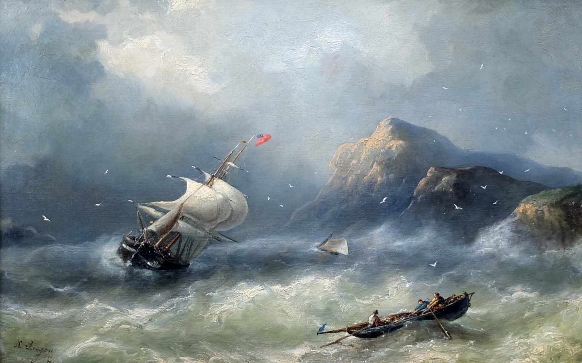 RIEGEN, Nicholaas (*1827 +1889), Öl/ Lw doubliert, Zweimastsegler vor stürmischer Küste, links unten
