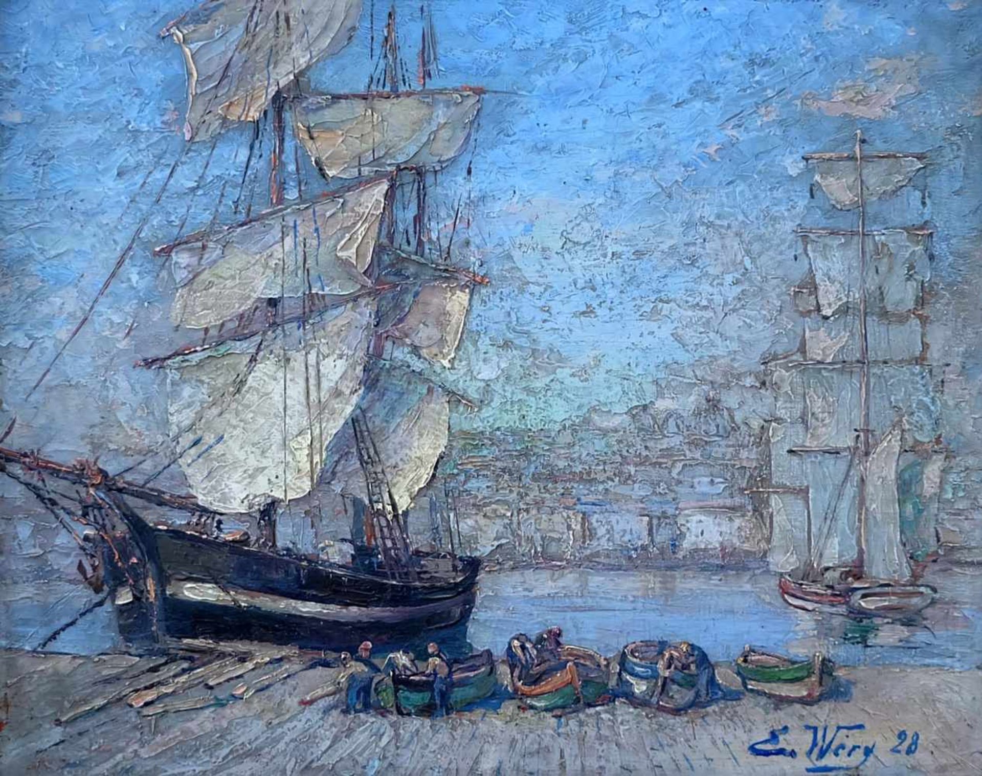 WERY, Émile Auguste (*1868 +1935), Öl/ Holz, "Voiliers dans le vieux port Marseille", rechts unten