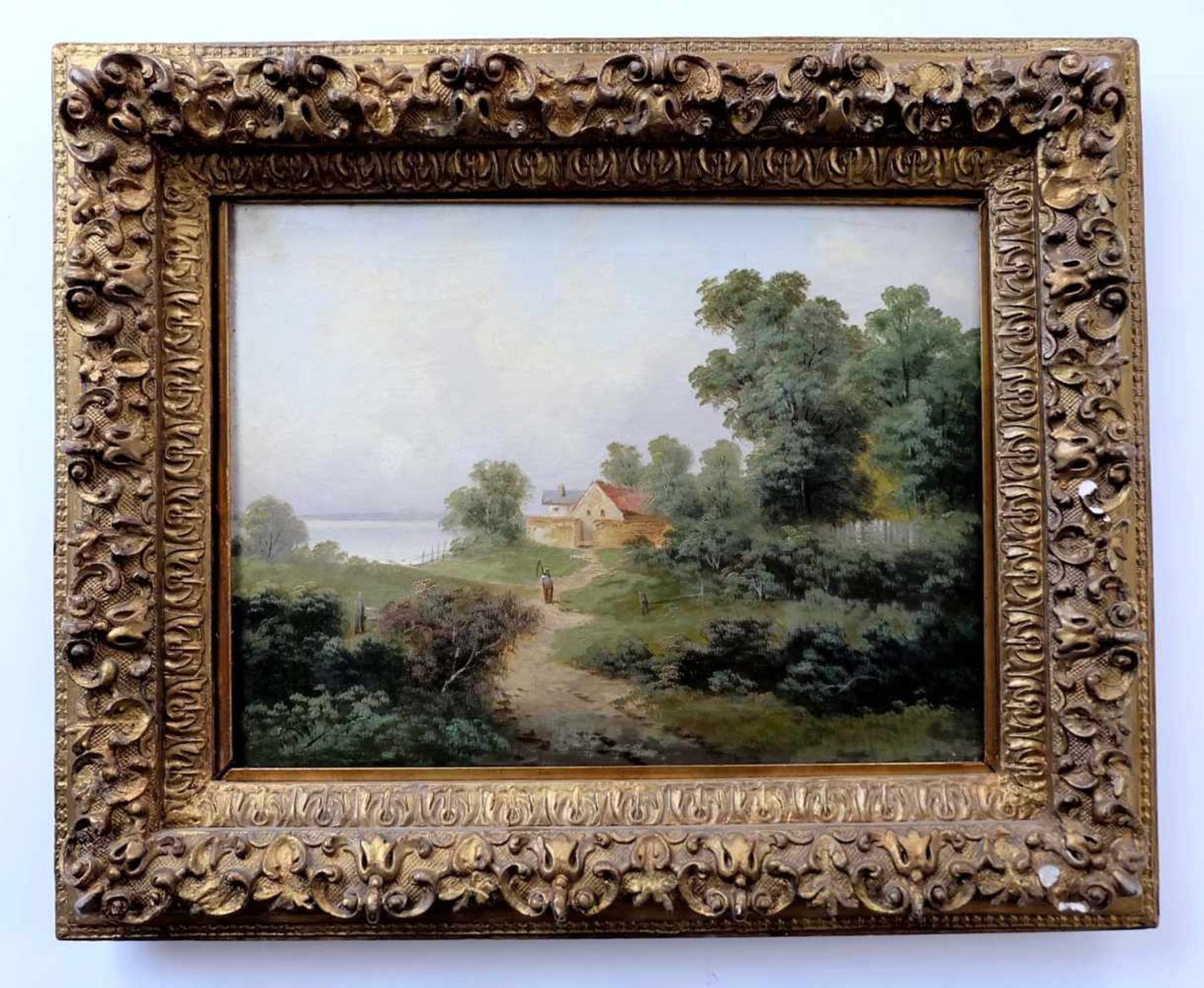 WYNN, W. Englische Schule, 19.Jh., Öl/ Leinwand, Sommerlandschaft mit Gehöft am See, links unten