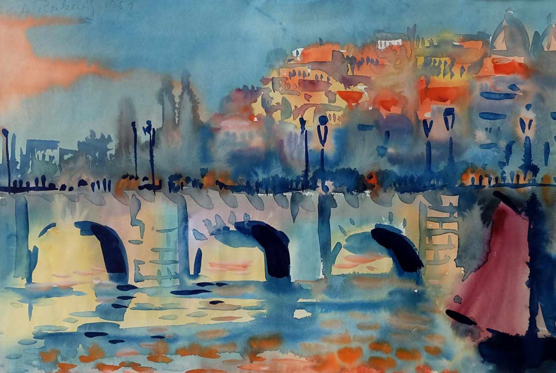 RECKEWITZ, Wilfried (*1925 +1991), Aquarell/ Papier, Blick über die Seine auf Montmartre, oben links