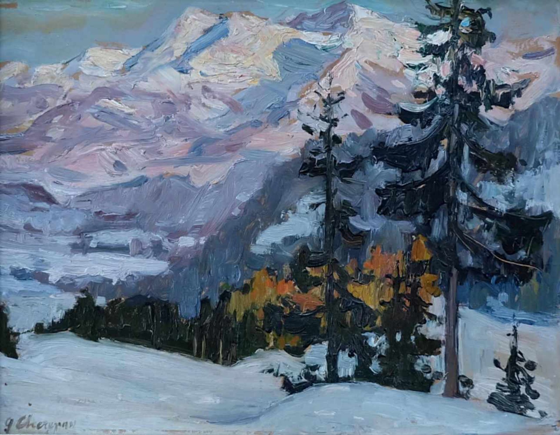 CHEREPOV, George (*1909 Litauen +1987 Pennsylvania), Öl/Hartfaserplatte, Winterliches Alpenglühen,
