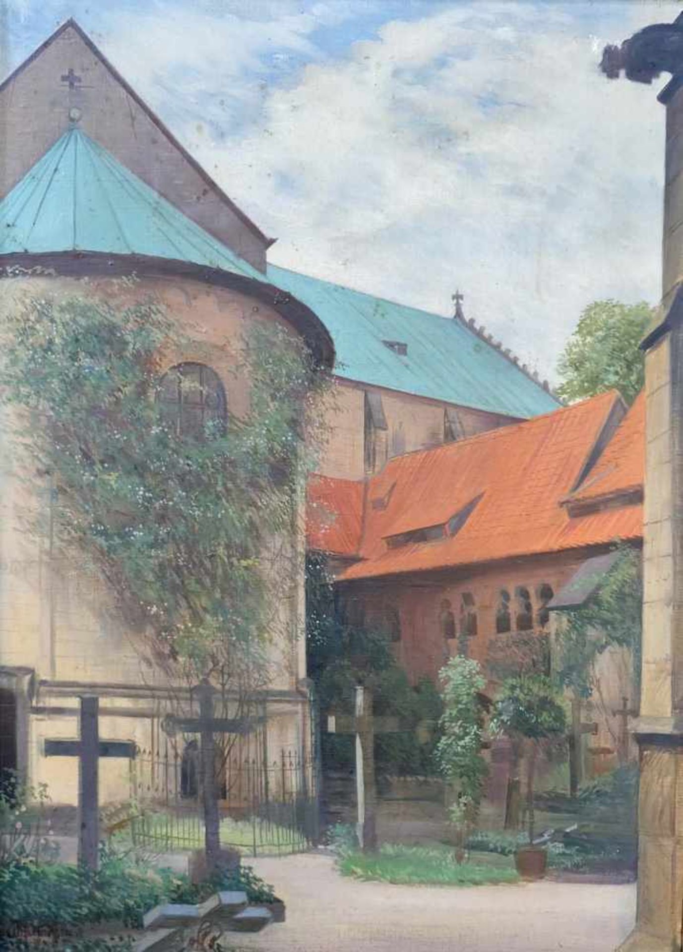 DEUTSCHE SCHULE, 19./20. Jh, Öl/Lw. Blick auf Tausendjährigen Rosenstock im Innenhof der Hohen