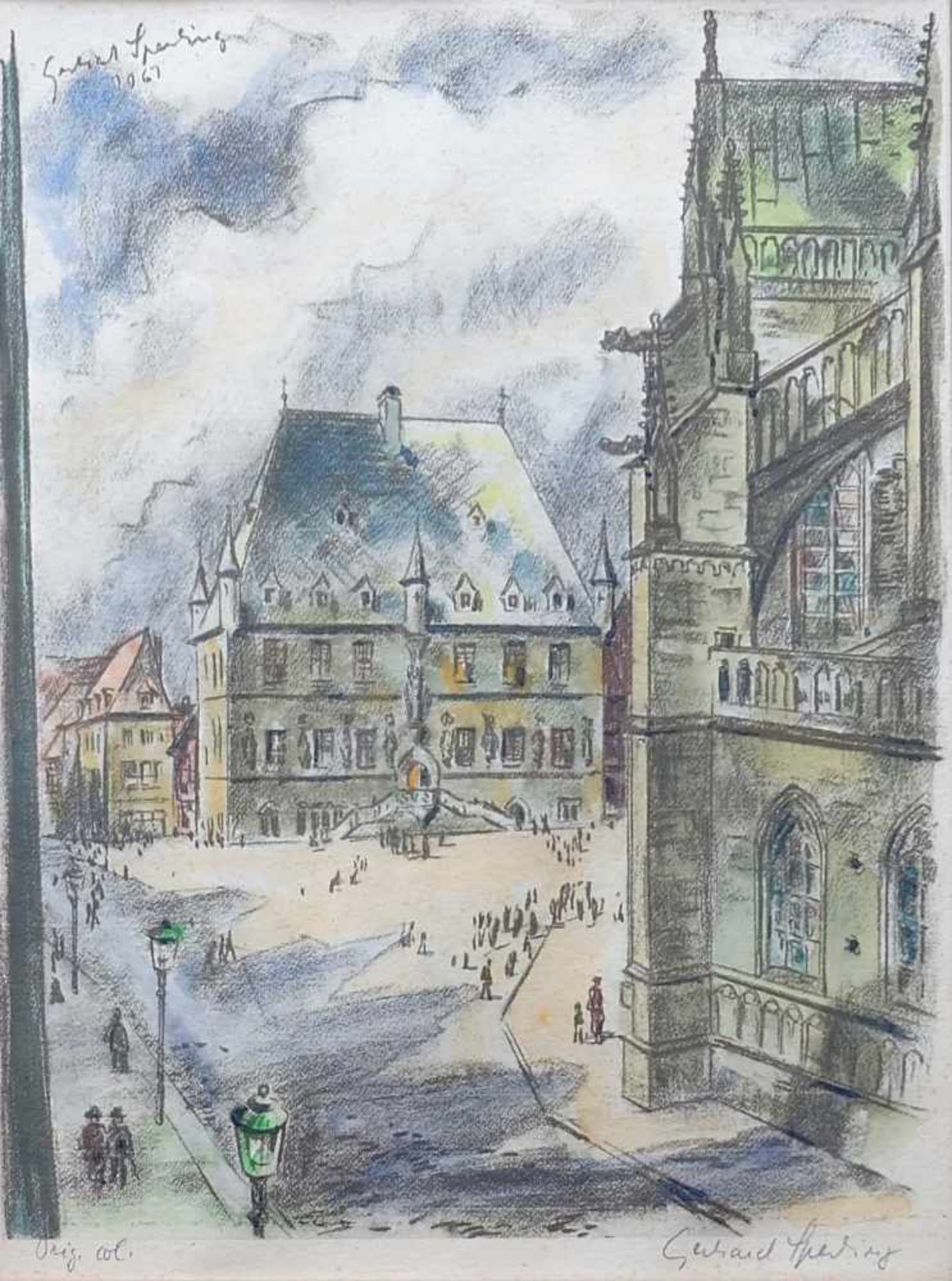 SPERLING, Gerhard (*1908 Dresden †1975 Bramsche), Lithografie, handcoloriert, Blick über Osnabrücker