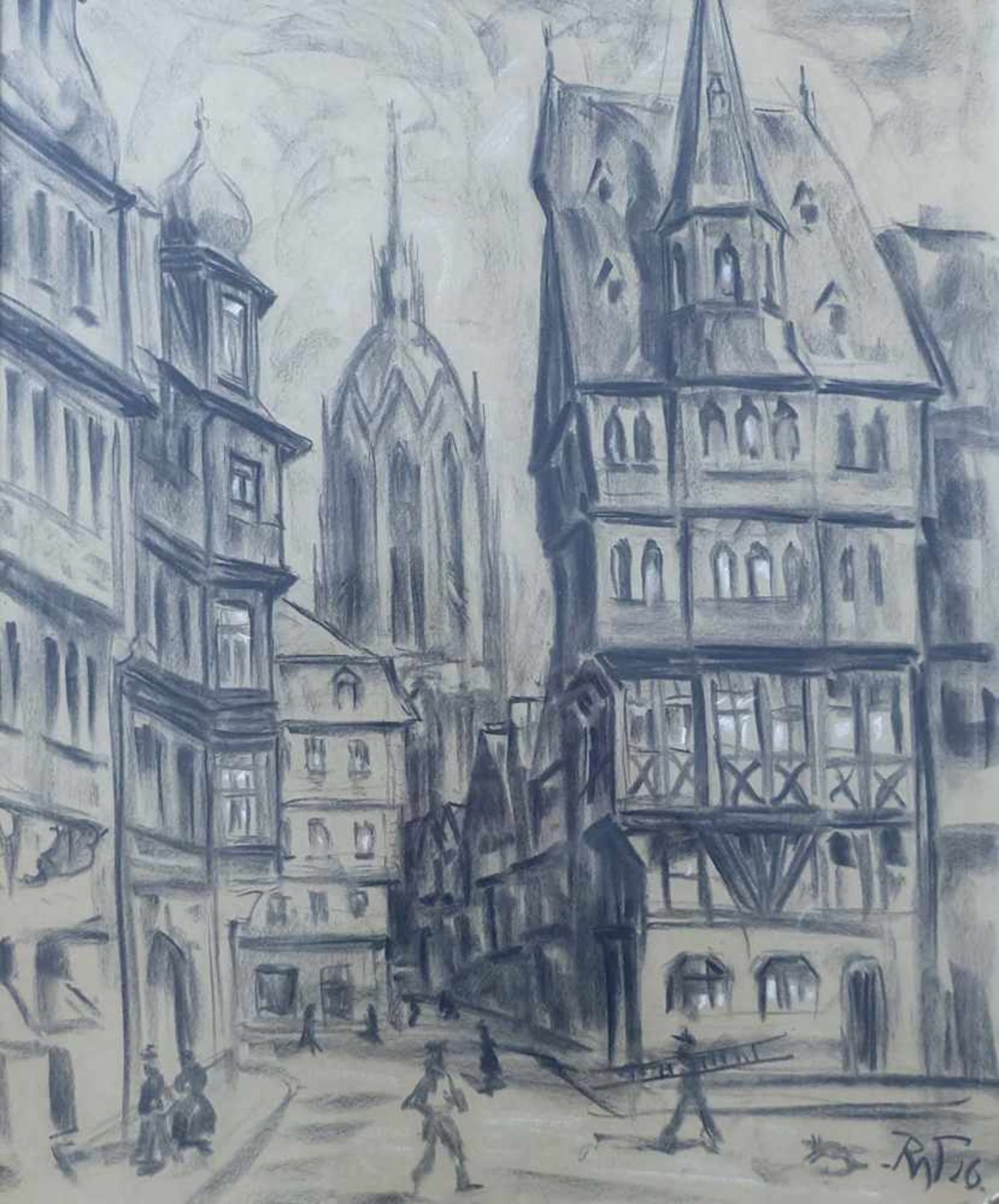 WAGNER, Richard, Kohle/ Papier, Blick über Altstadtgassen auf den Kaiserdom St. Bartholomäus in