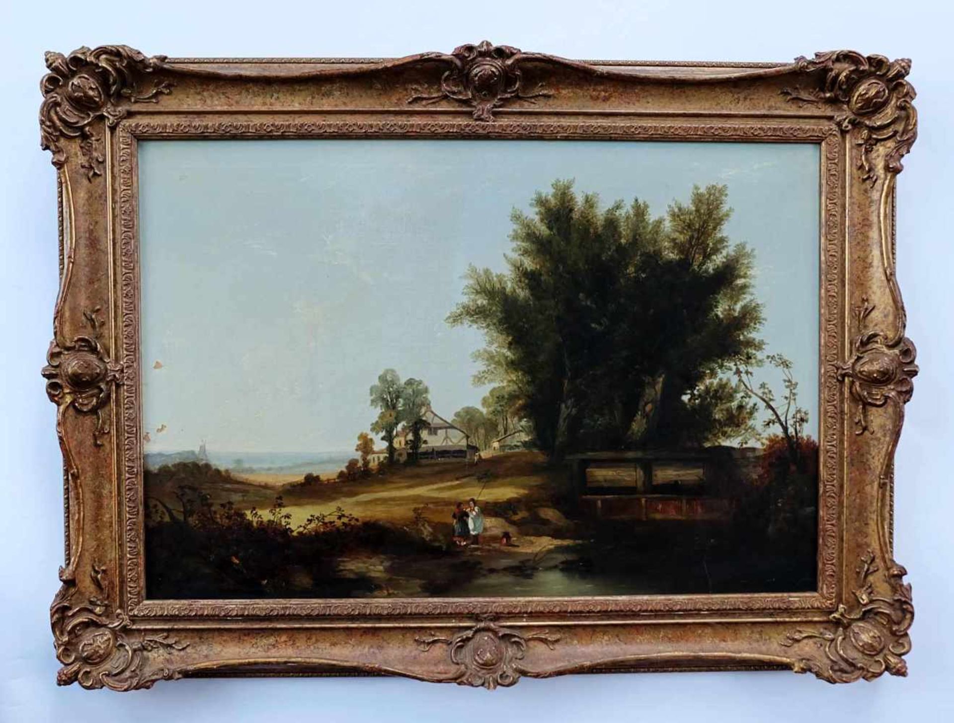 DEUTSCHE SCHULE, 19. Jh., Öl/Lw. Dubliert, Landschaft mit Gehöft und Angler am Bachlauf, 43 x 64 cm,