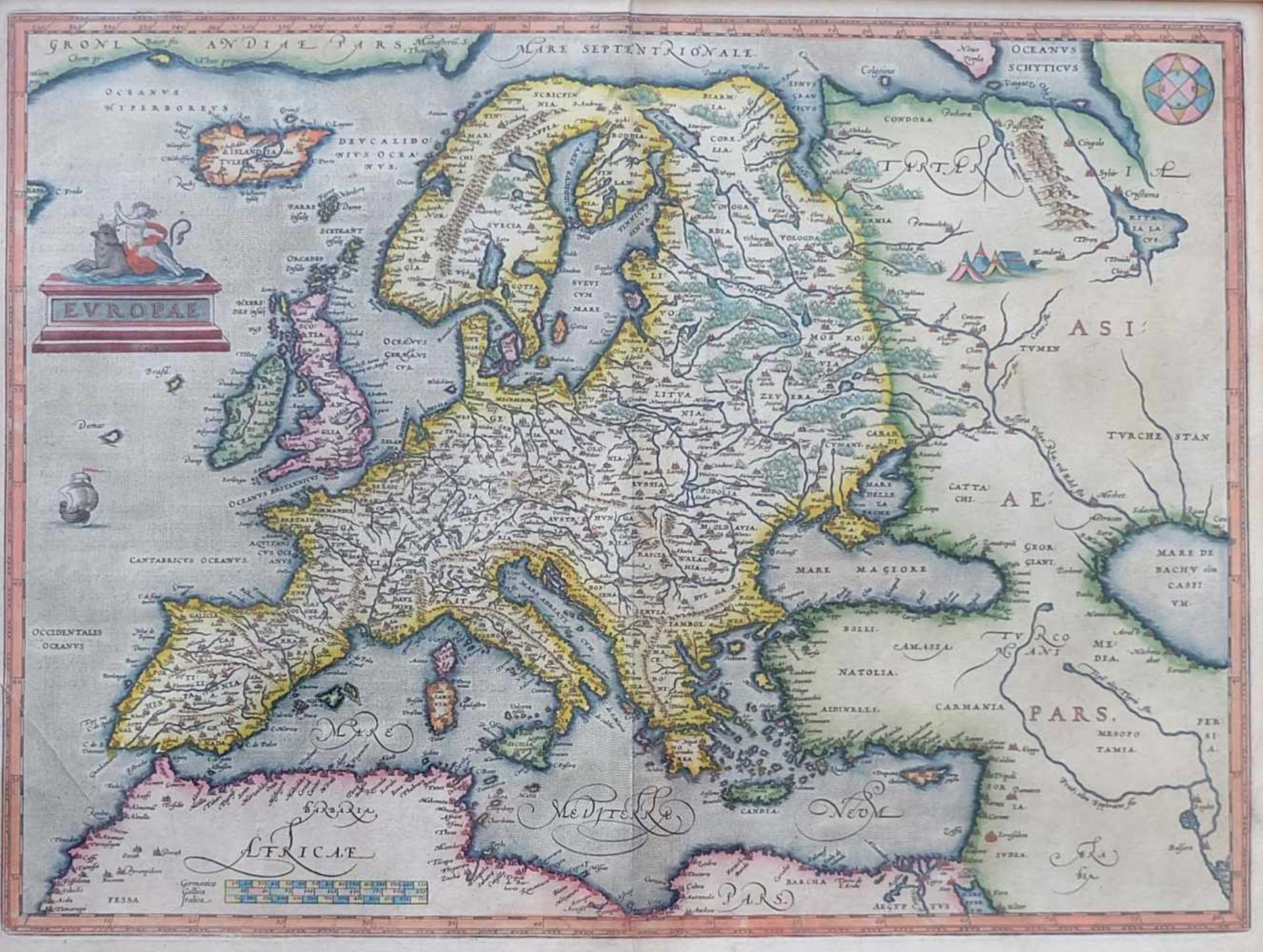 ORTELIUS, Abraham (*1527 Antwerpen †1598ebd.) Kupferstichkarte, "Europae", altcoloriert, 34 x 46 cm,