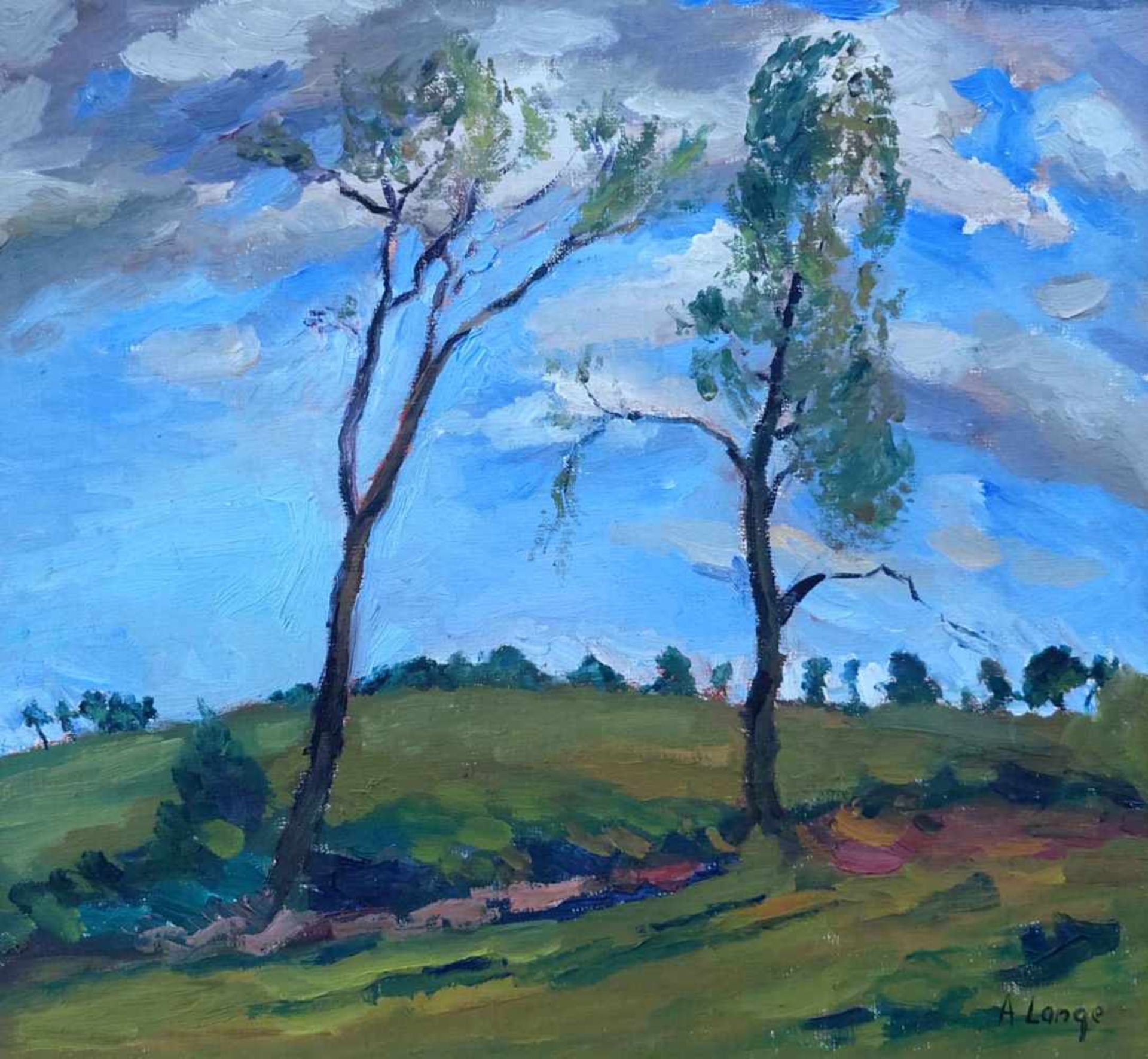 LANGE, Adolf (*1950), Öl/ Leinwand, 2 Bäume im Wind, rechts unten signiert, 49 x 53 cm, verso