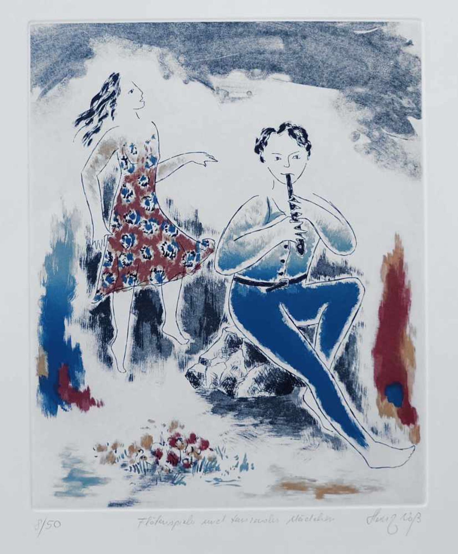 VOSS, Heinz (*1951), Paar Farbradierungen, "Flötespieler und tanzendes Mädchen" bzw. "Ball spielen", - Bild 3 aus 3